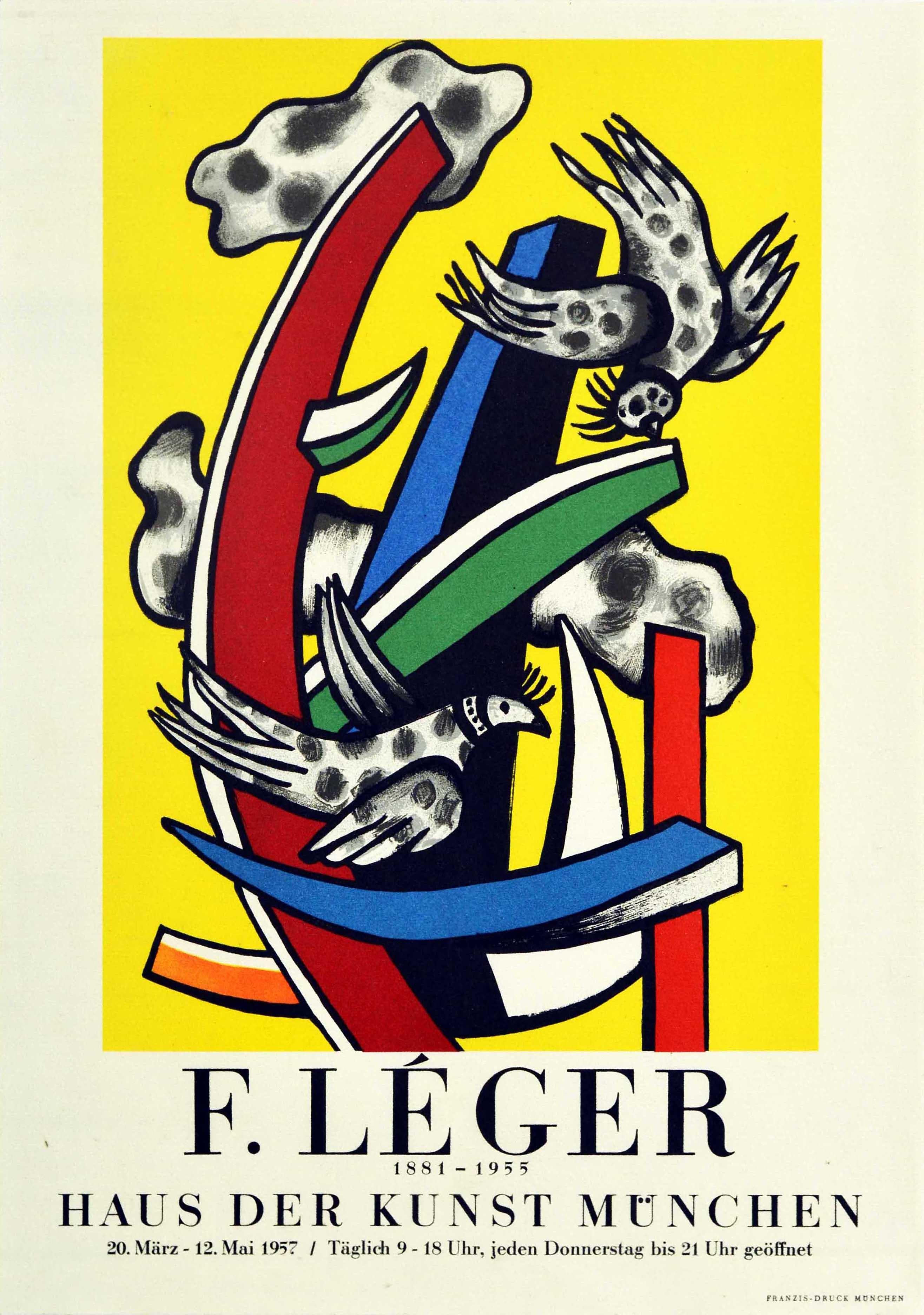 Original vintage advertising poster for an exhibition of work by Fernand Leger (1881-1955) held at the Haus der Kunst Munchen from 20 March to 12 May 1957. The poster features a colourful design by Leger titled Les Oiseaux sur Fond Jaune / Birds on