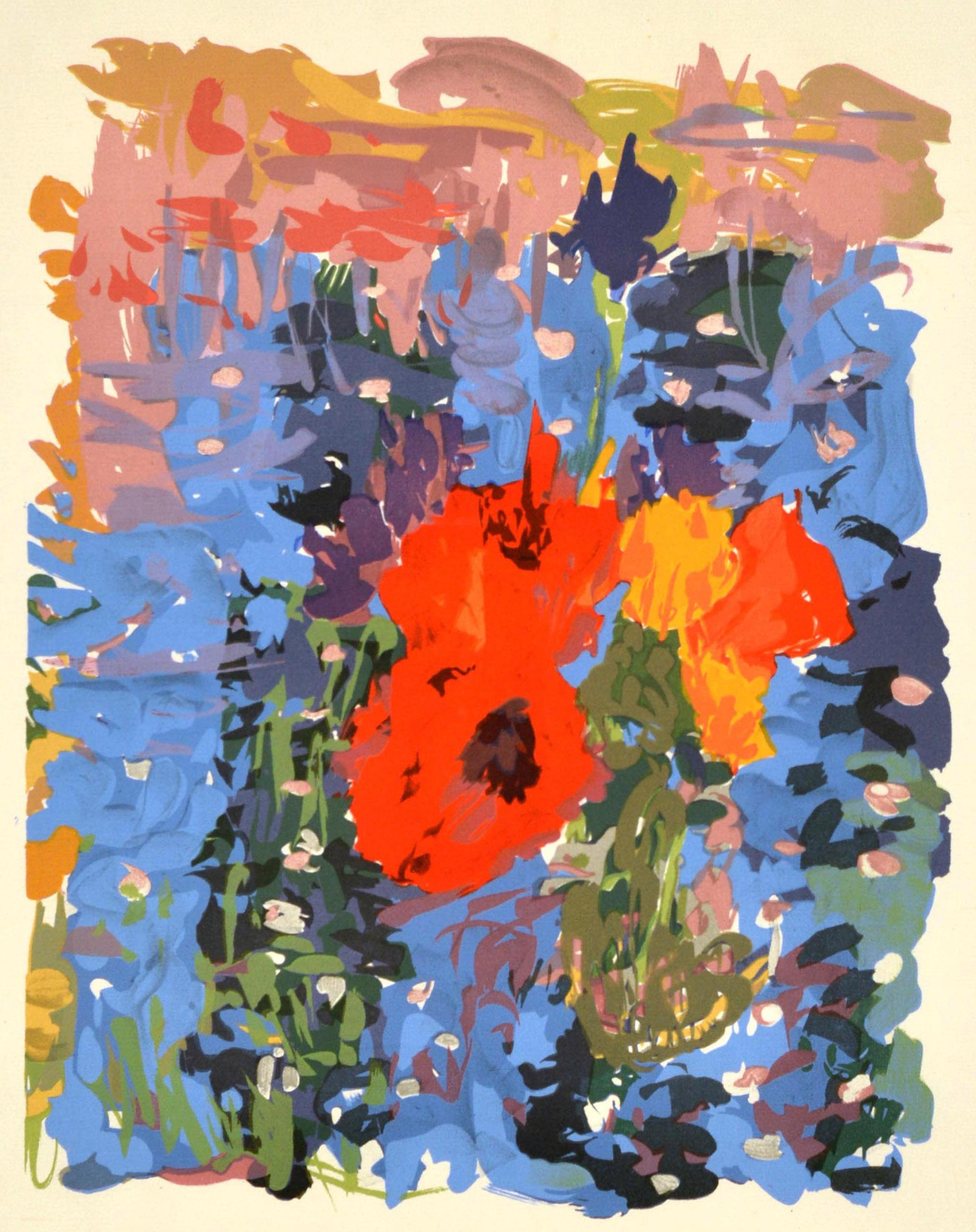 Original vintage art exhibition poster advertising Galerie Paul Ambroise Gauthier-Clerc 2-18 Fevrier / February 1962. Colourful abstract artwork of red poppies and other flowers on a blue and green background, the text above and below. Printed by
