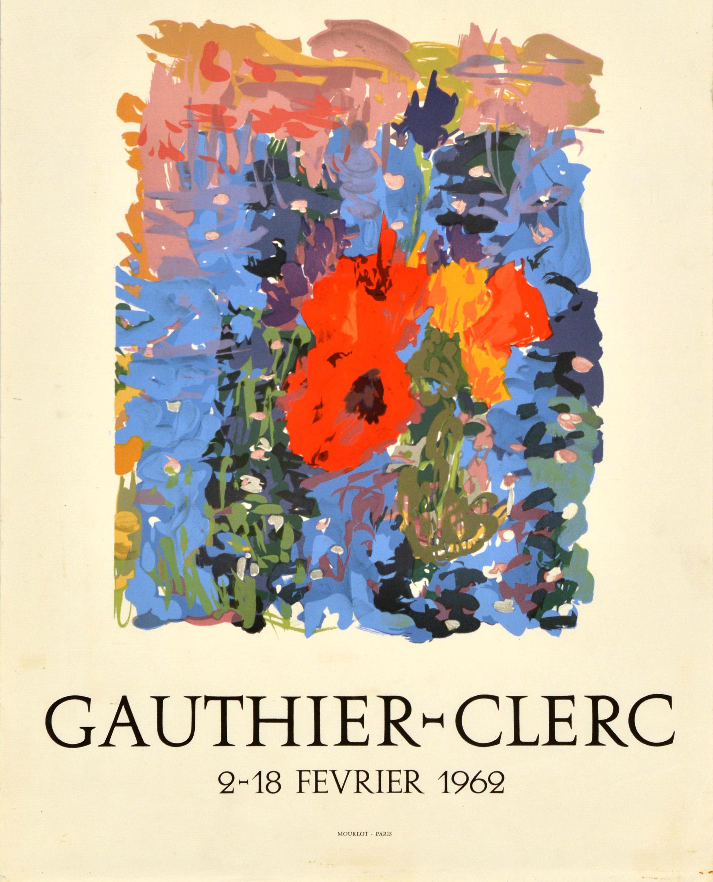 Original Vintage Art Exhibition Poster Gauthier Clerc 1962 Poppy Floral Design In Good Condition For Sale In London, GB