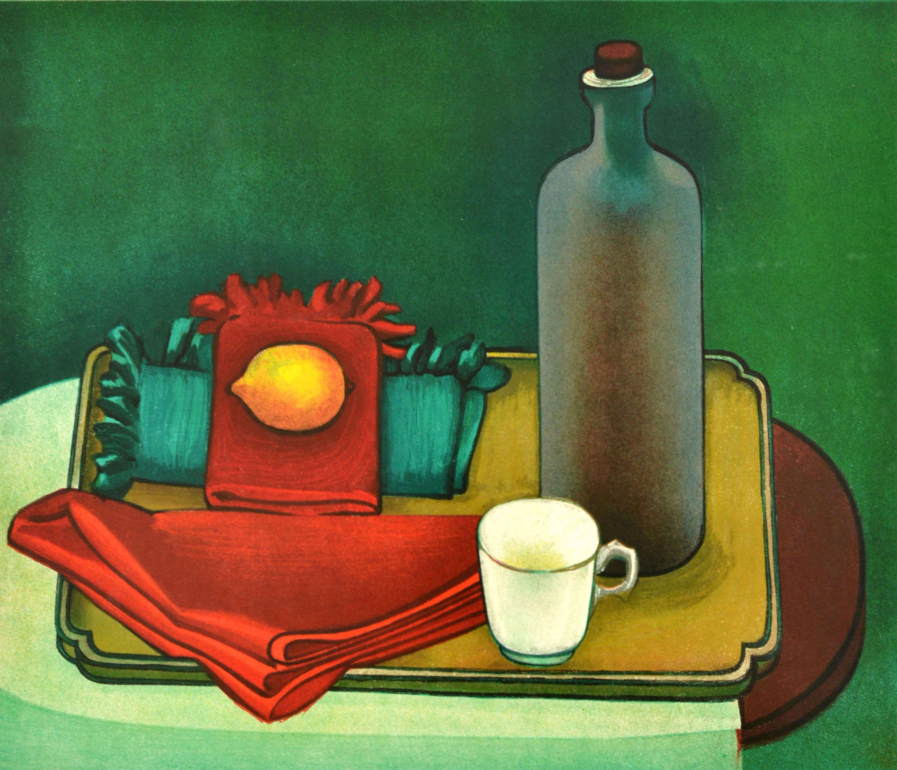 Manifesto d'epoca originale di una mostra d'arte - Rohner Galerie Andre Weil 26 Avenue Matignon - tenutasi dal 13 al 28 febbraio 1960 con una natura morta del pittore francese Georges Rohner (1913-2000) raffigurante un limone su un tovagliolo rosso