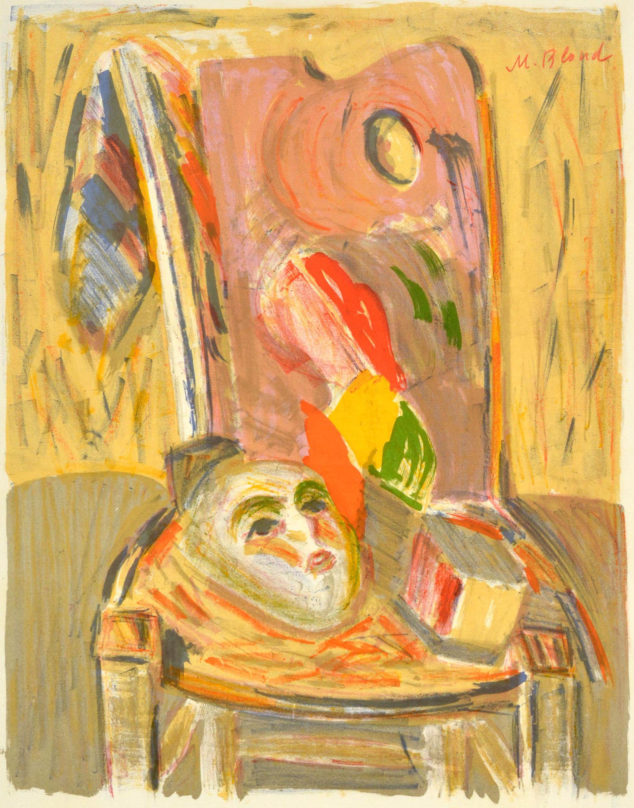 Affiche originale de l'exposition Grands Peintres Meconnus / Great Unknown Painters qui s'est tenue à la Galerie Durand Ruel à Paris du 5 au 21 octobre 1961. L'œuvre est signée M. By et représente un masque sur une chaise avec le texte de