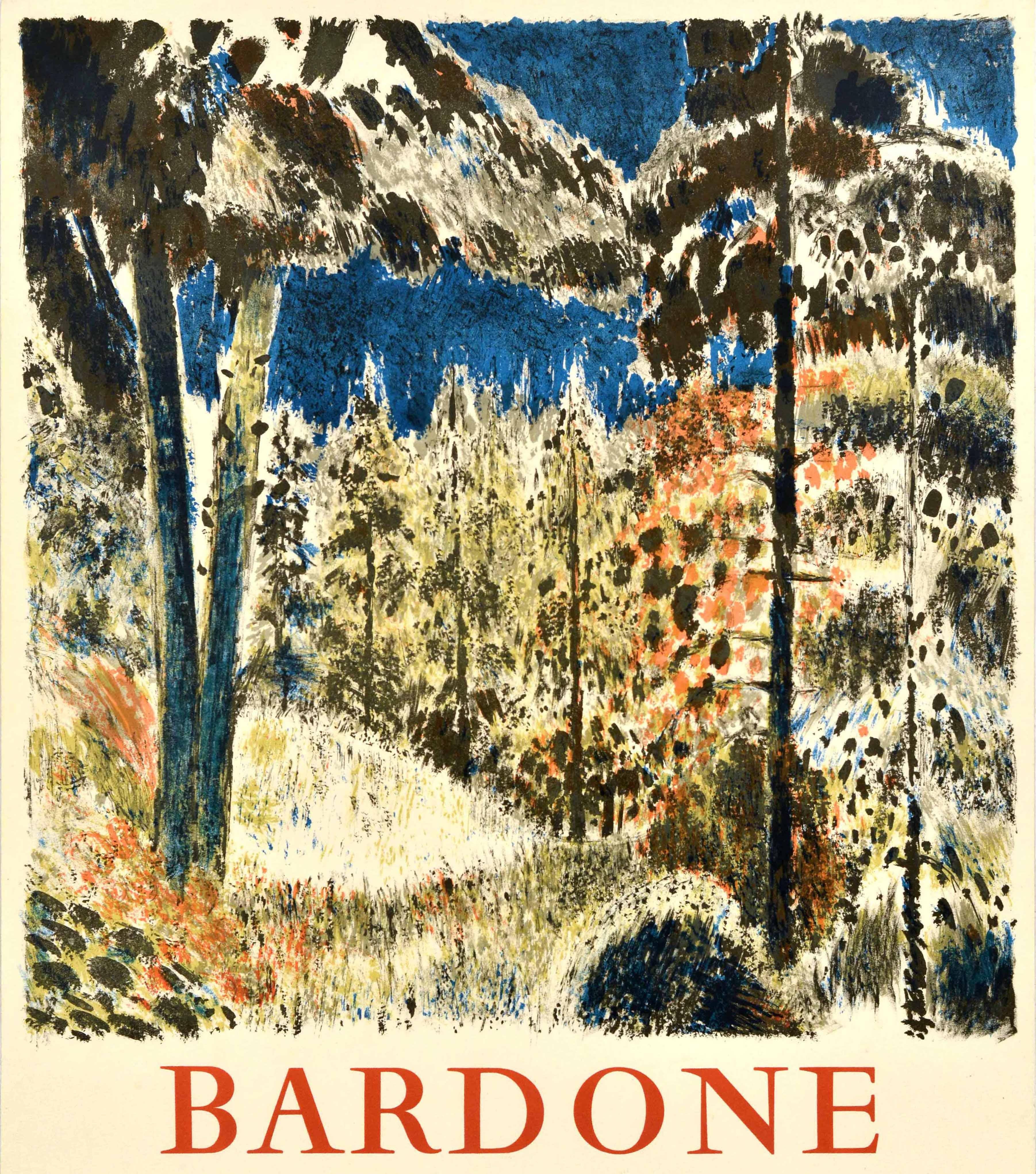 Original vintage art exhibition poster advertising Bardone Galerie Marcel Guiot Paris from 14 April to 6 May 1961 featuring scenic artwork by the French painter Guy Bardone (1927-2015) depicting a forest with tall trees on a hill with a dark blue