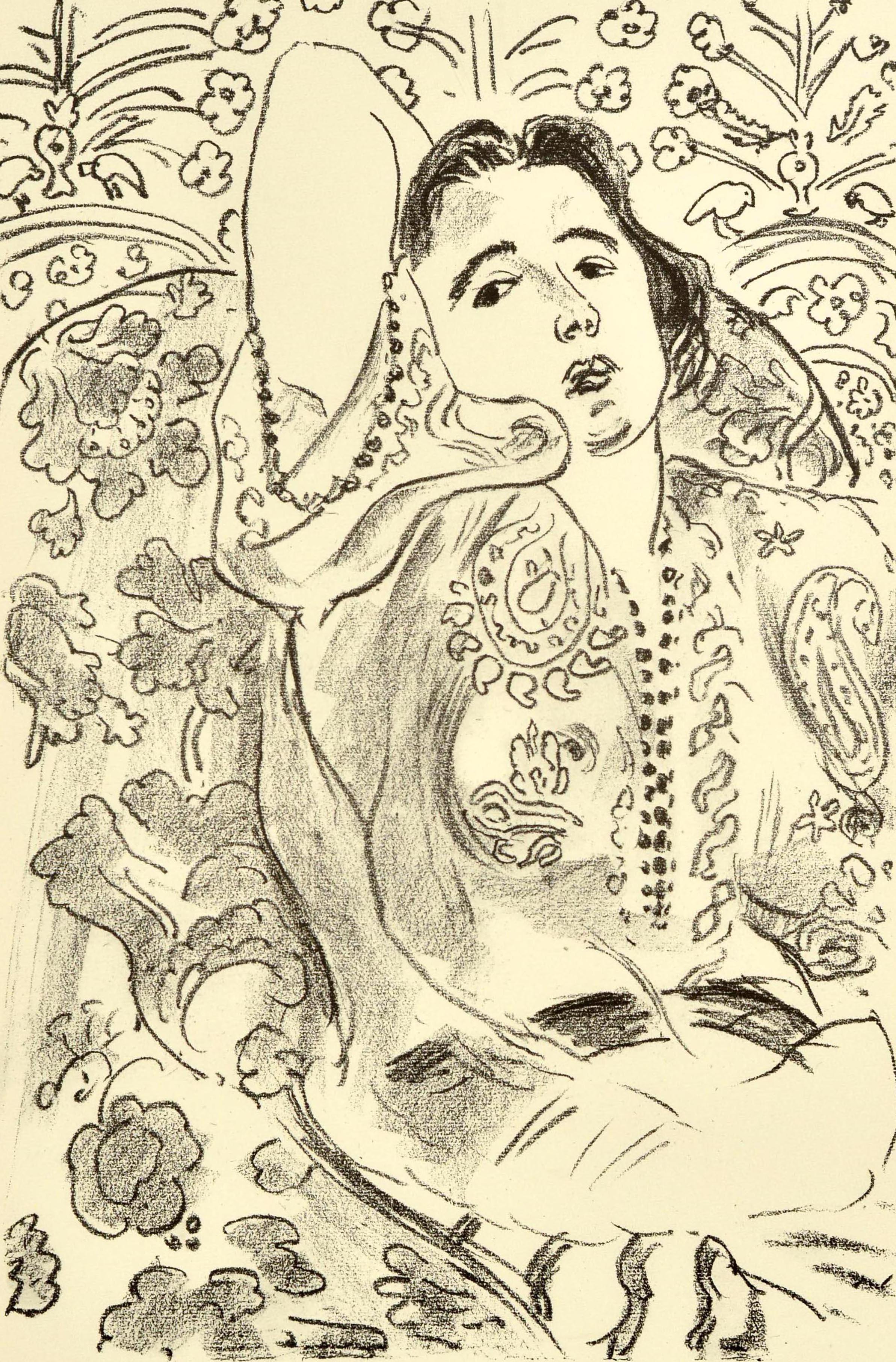 Originales Vintage-Ausstellungsplakat für Henri Matisse Euvres Gravees / Engravings featuring Arabesque des berühmten französischen Künstlers Henri Matisse (1869-1954), das ein florales Muster einer Person in Paisleymuster-Kleidung zeigt, die sich