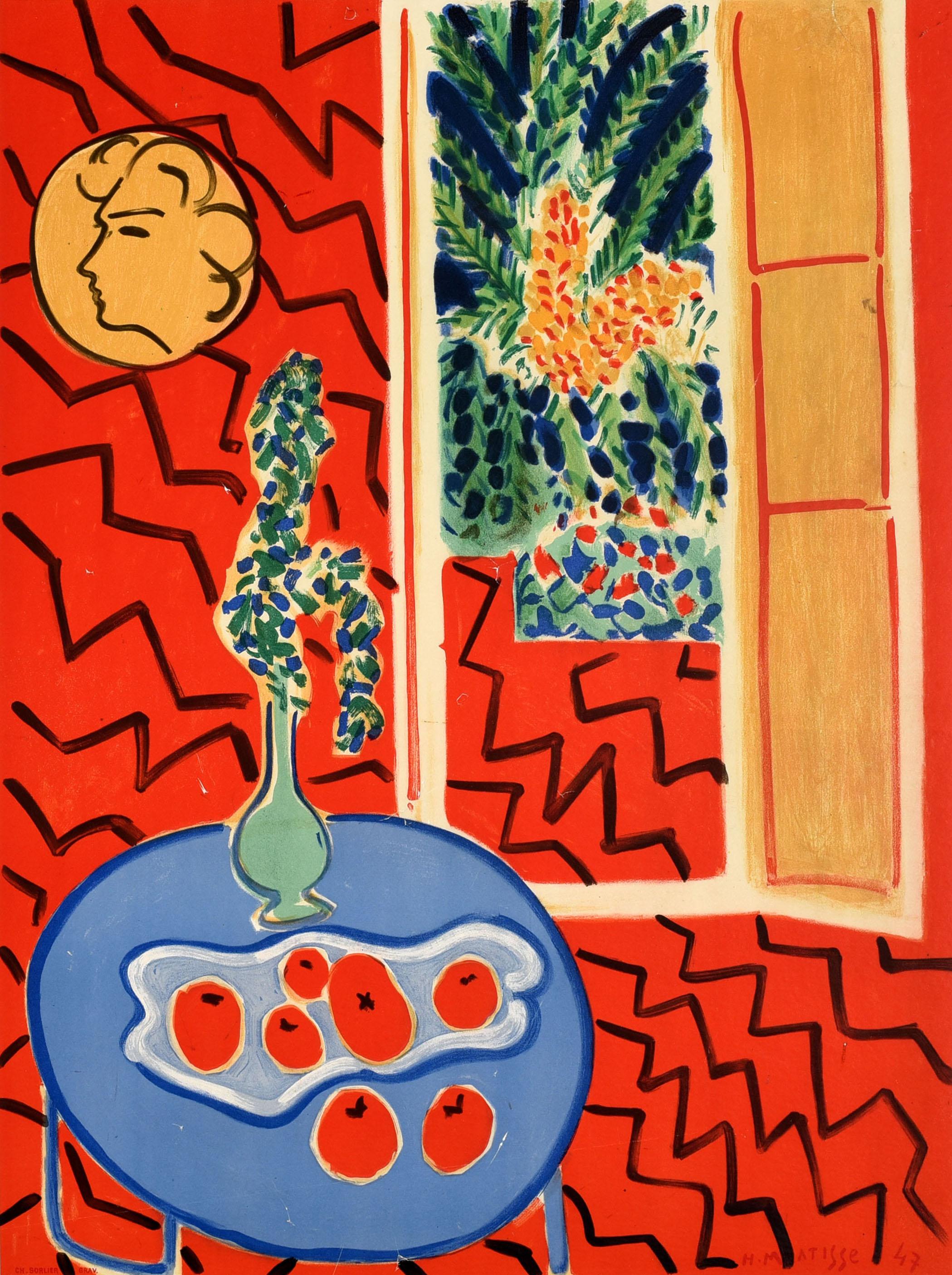 Original vintage art exhibition poster featuring a colourful design by the renowned French artist Henri Matisse (1869-1954) from his 1947 artwork Interieur Rouge Nature Morte sur Table Bleue / Red Interior Still Life on a Blue Table depicting a vase