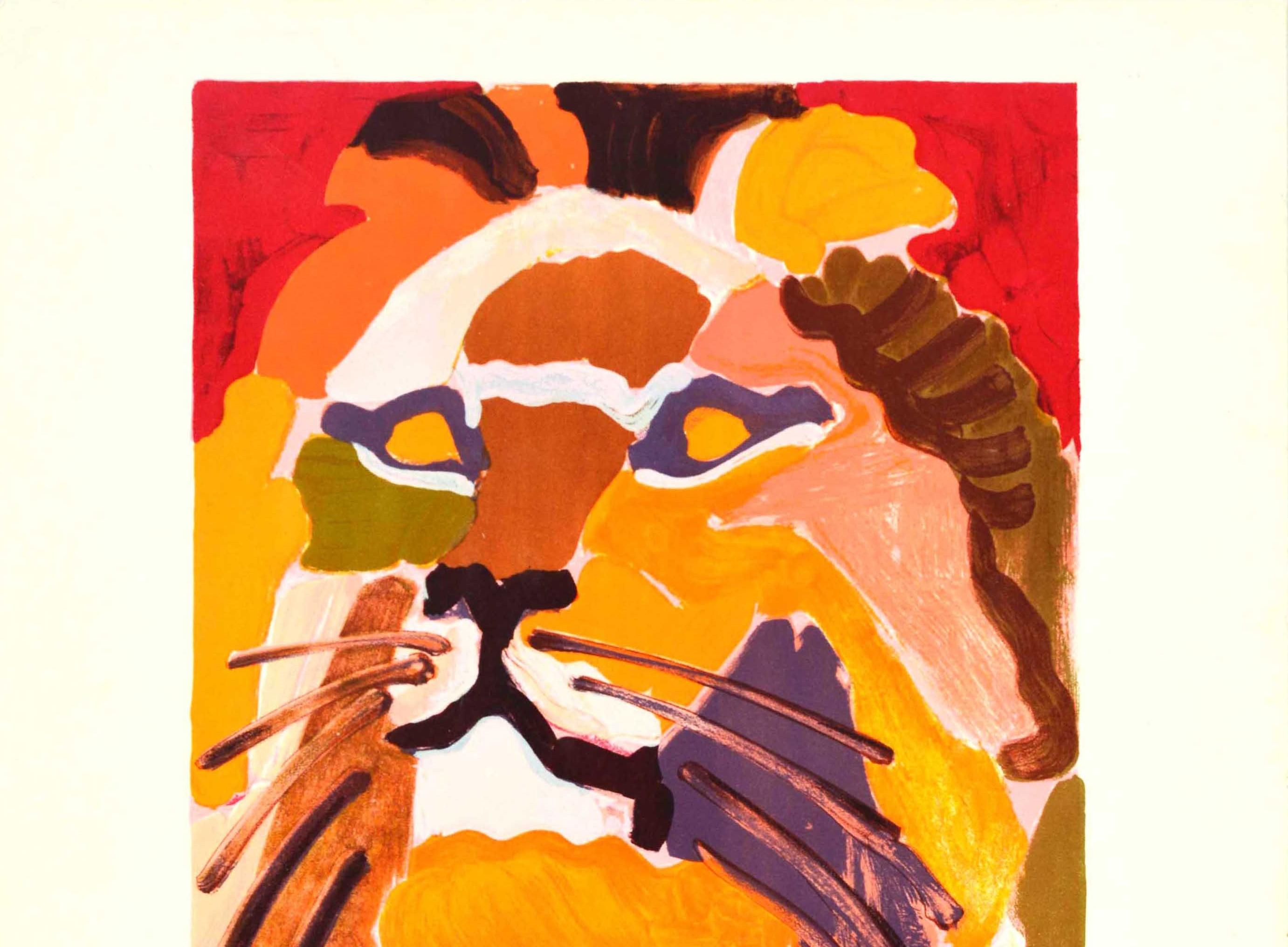 Original vintage advertising poster for an exhibition of work by the French painter Charles Lapicque (1898-1988) held in February and March 1963 at the Villand & Galanis gallery in Paris featuring a colourful painting of Le Lion (1962) by the artist