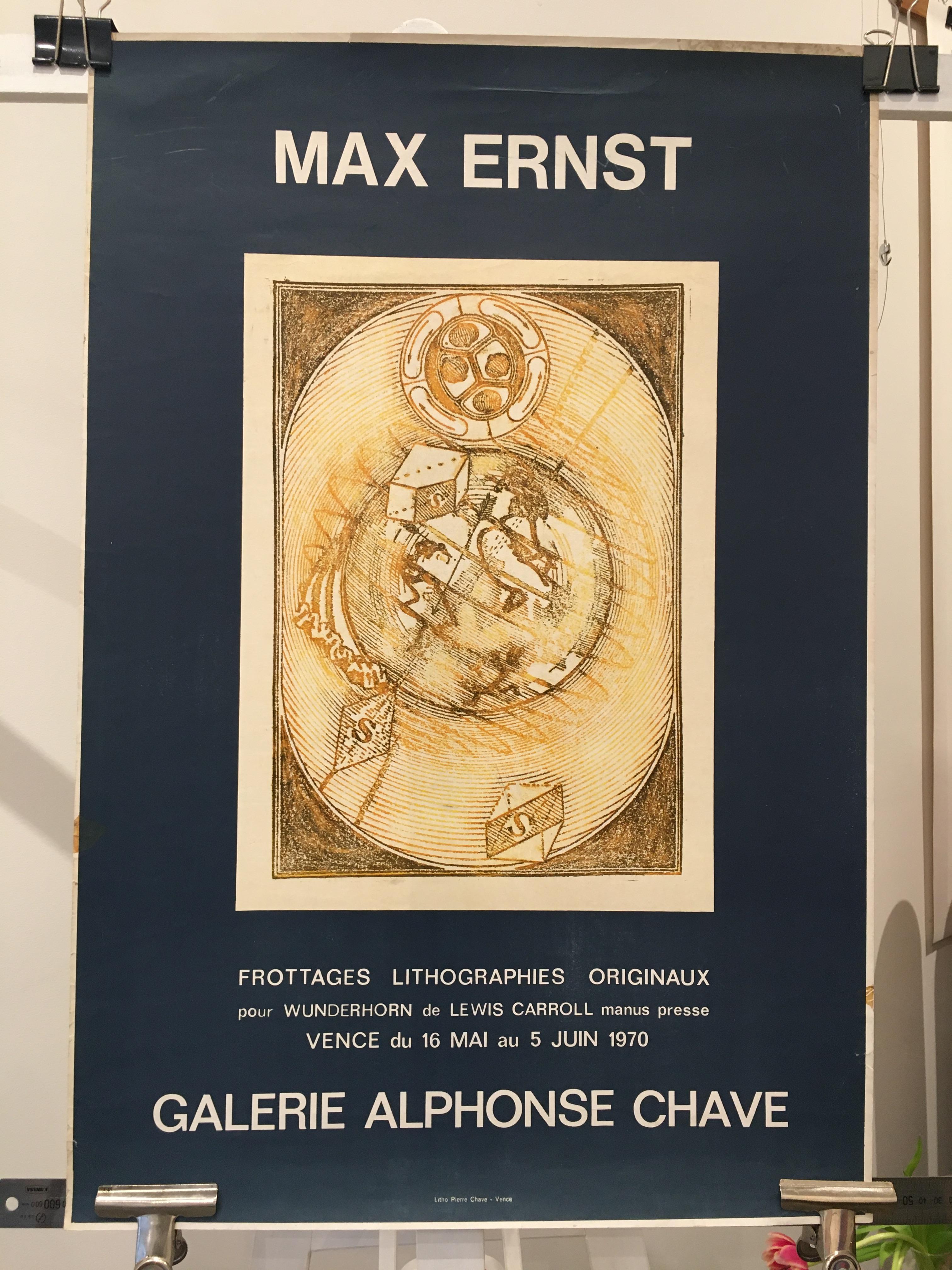 Papier Affiche d'origine d'exposition d'art vintage MAX ERNST, Galerie Alphonse Chave, 1970 en vente