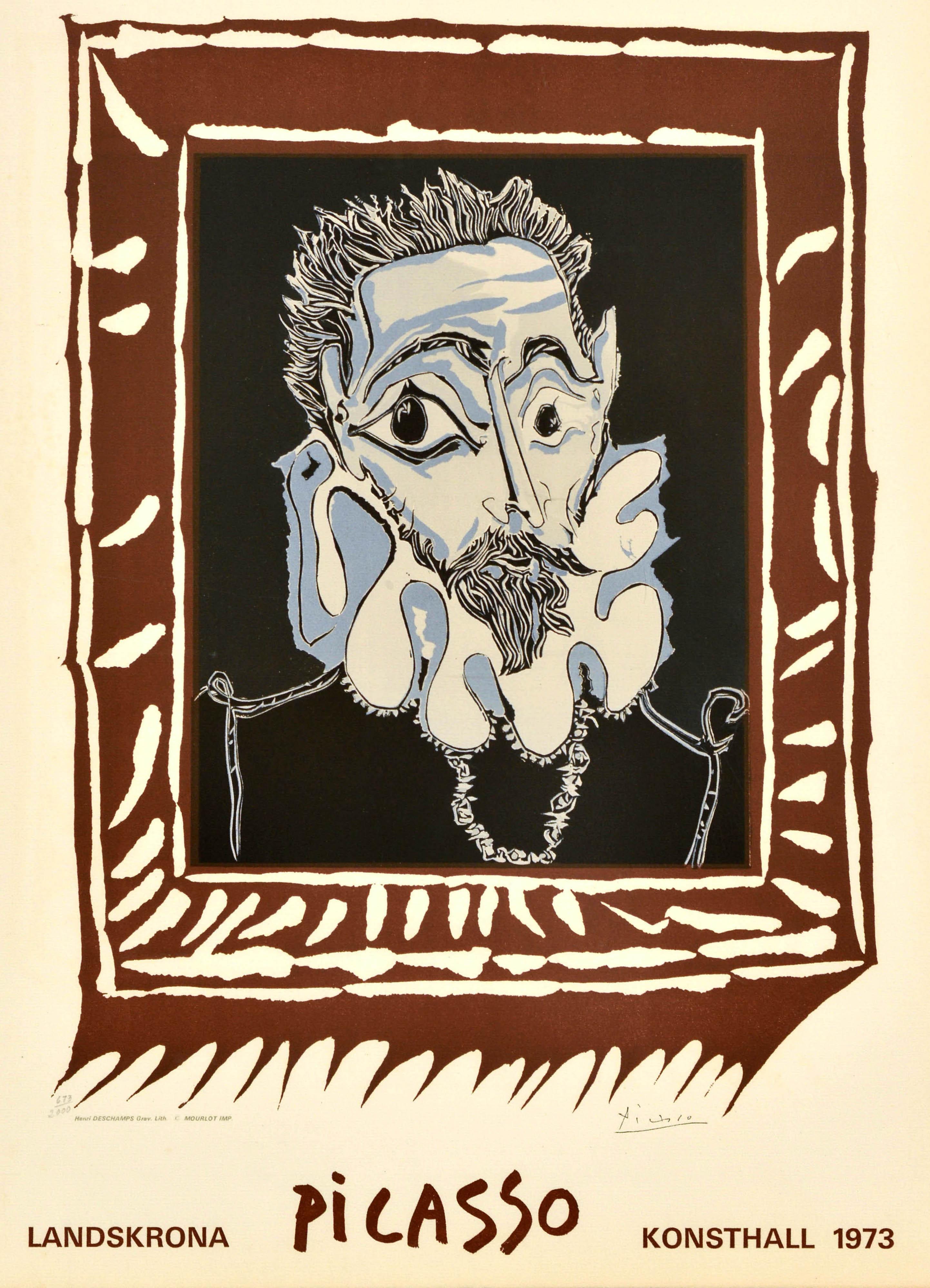 Affiche originale d'exposition - Borstahusens Konstforening Picasso Landskrona Konsthall - annonçant la collection d'œuvres de Pablo Picasso de l'Association d'Art Borstahusens (fondée en 1966) à la Landskrona Art Gallery (ouverte en 1963) en Suède,