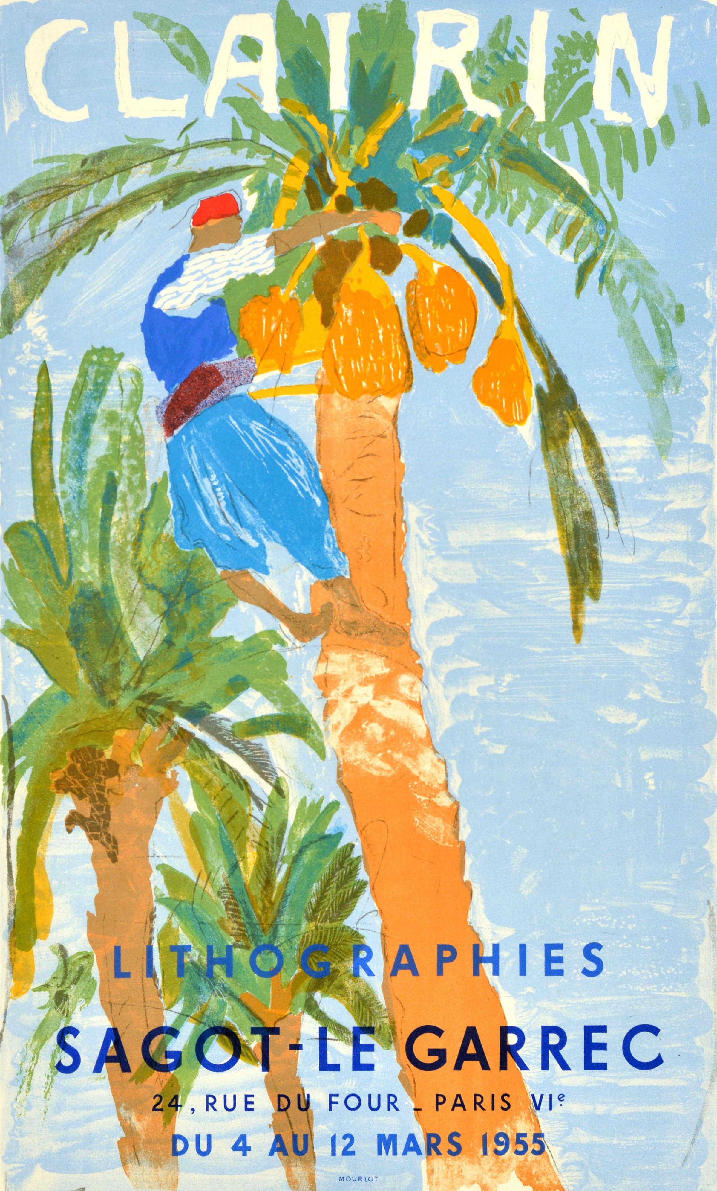 Original vintage exhibition poster for Clairin Lithographies / Lithographs held at the Sagot Le Garrec gallery 24 Rue du Four Paris VIe from 4 to 12 March 1955 featuring artwork by Pierre-Eugene Clairin (1897-1980) depicting a man in blue clothing