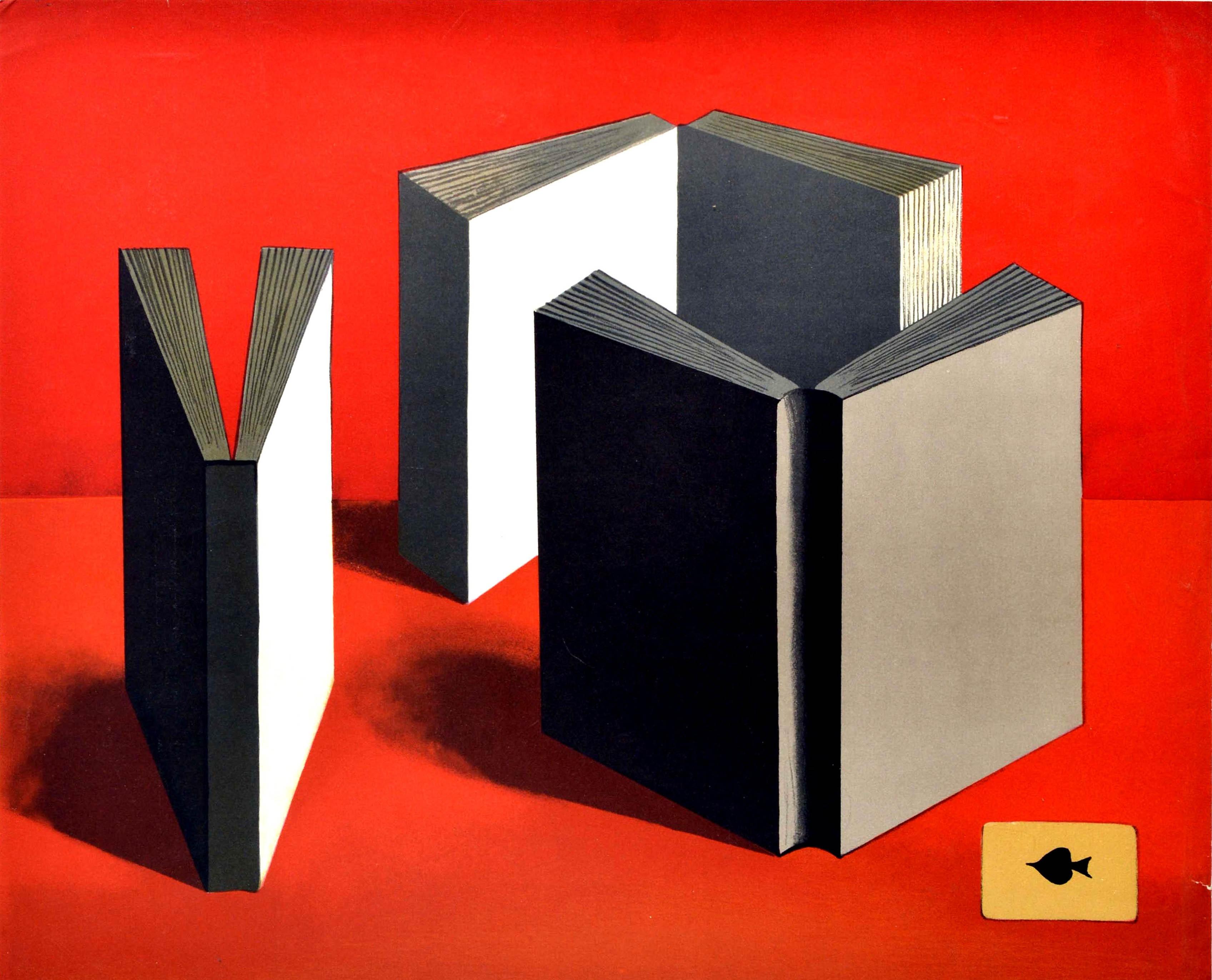 Cartel original de época de la exposición de arte - Rohner - Galerie de Paris 14 Place Francois 1er 28 de enero al 1 de marzo con obras del pintor francés Georges Rohner (1913-2000) que muestran tres libros abiertos junto a un as de picas sobre un