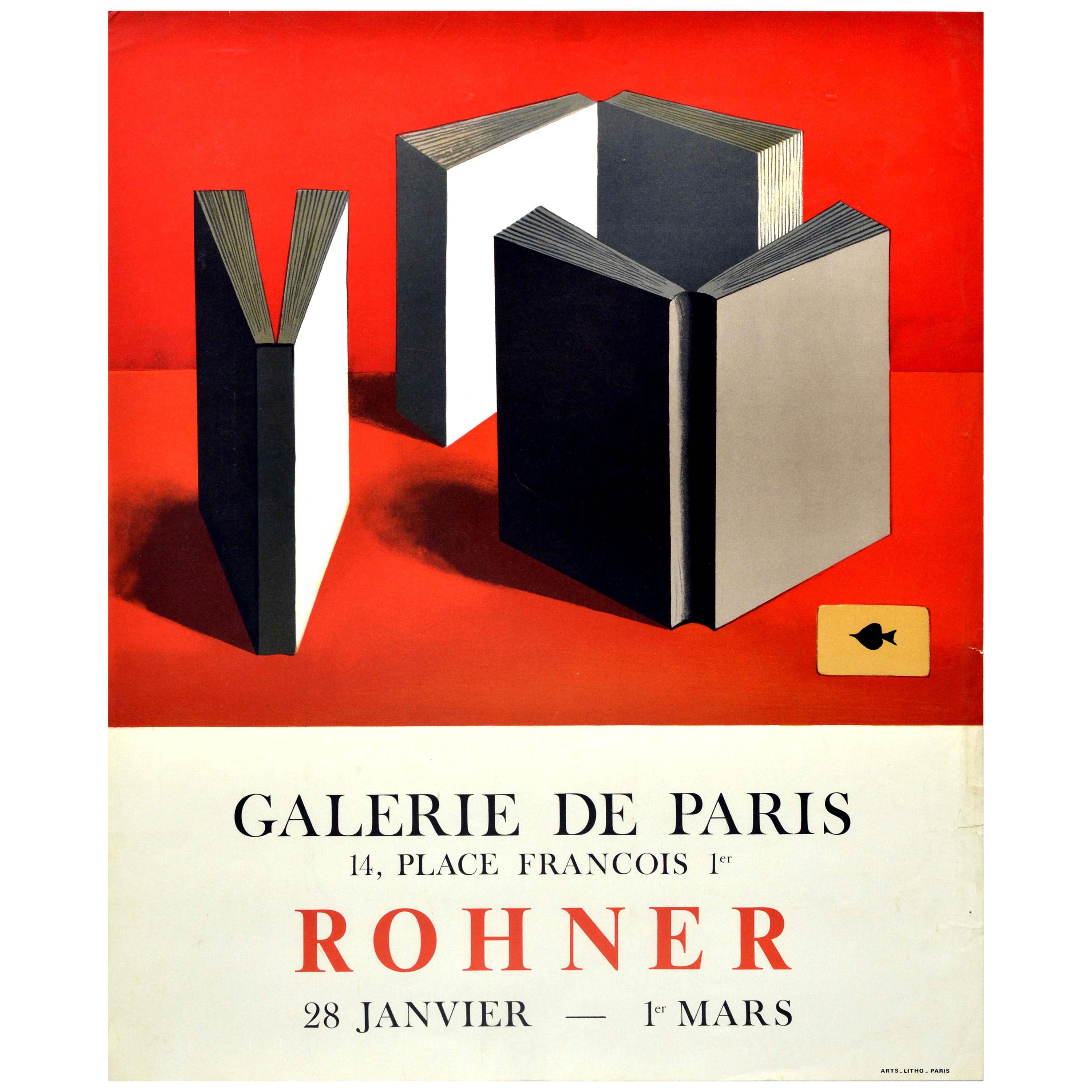 Original-Vintage-Kunst-Ausstellungsplakat Rohner Paris Bücher Ace Of Spades Gemälde im Angebot