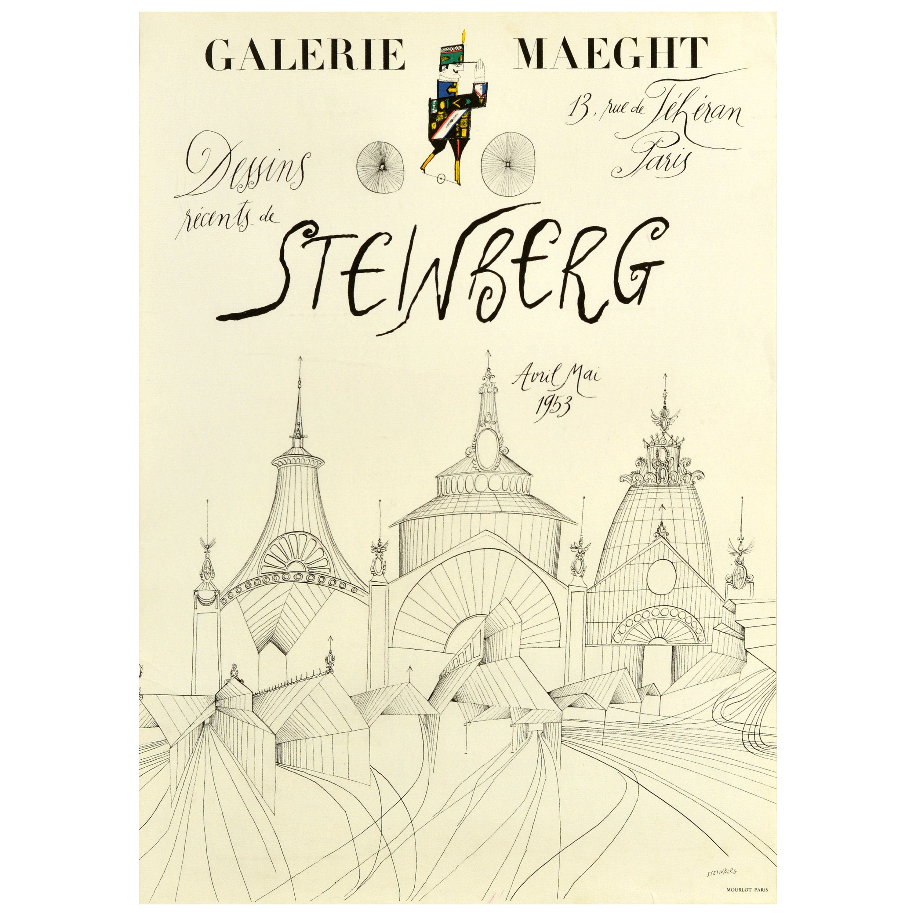 Original-Vintage-Kunstausstellungsplakat Saul Steinberg Dessins, jüngste Zeichnungen