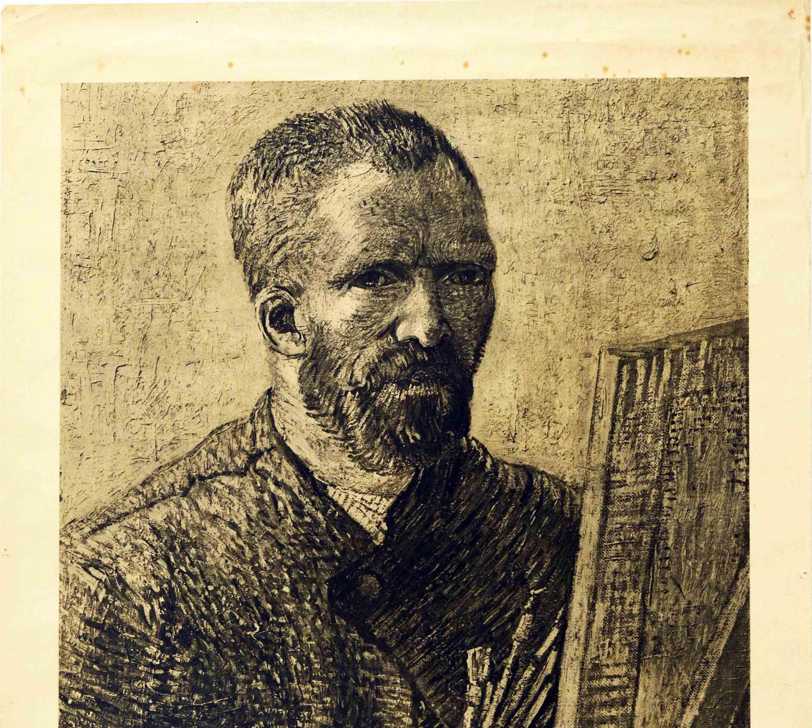 Original vintage advertising poster for a Vincent Van Gogh exhibition at the Stedelijk Museum (opened 1895) in Amsterdam featuring a self portrait by the notable post-impressionist painter Vincent Van Gogh (1853-1890) with the bold lettering below.