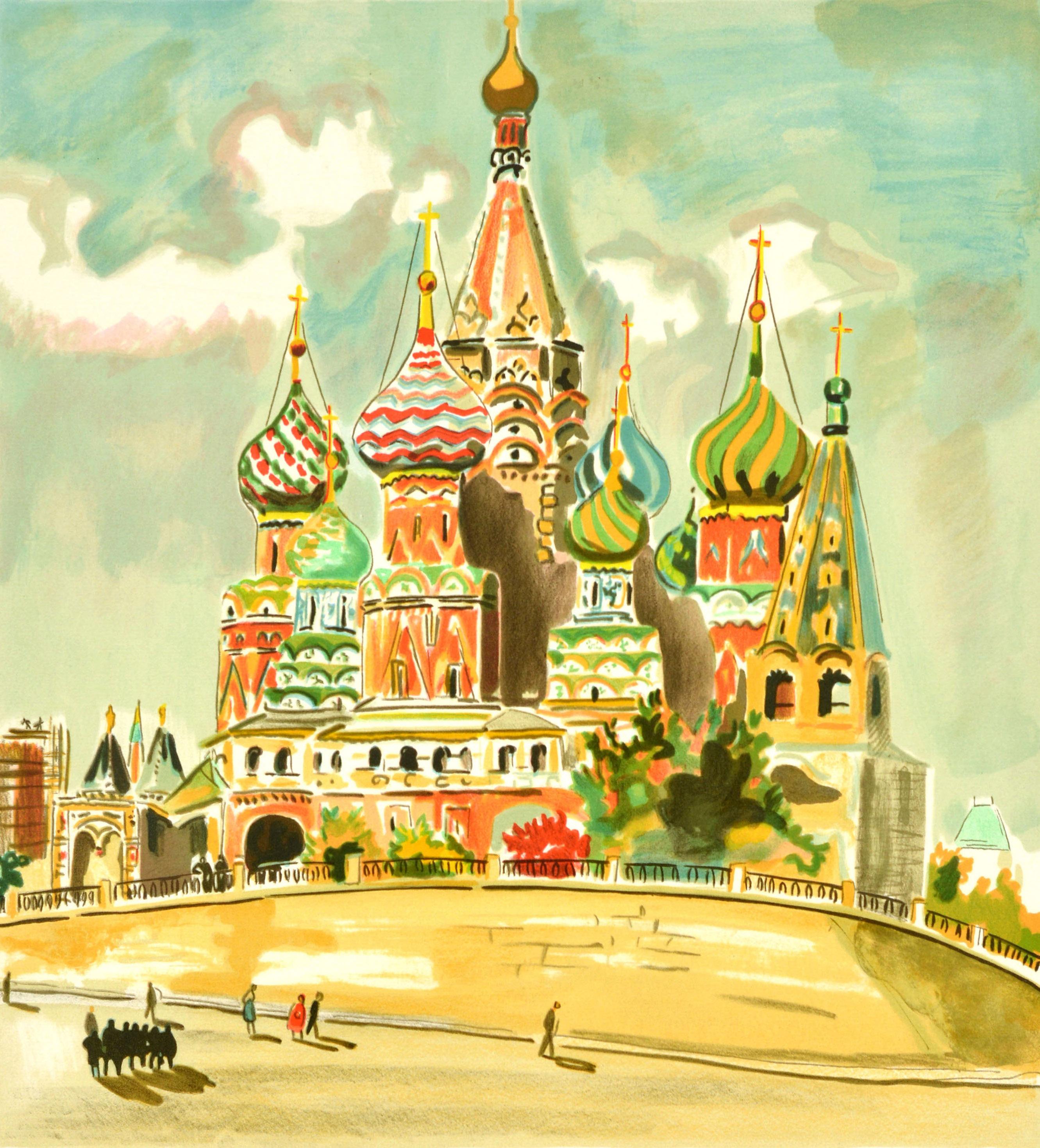 Original vintage poster featuring a colourful illustration depicting St Basil's Cathedral with its iconic onion domes and people walking by in the foreground, the artist's name below - the French painter Yves Brayer (1907-1990). St Basil's Cathedral