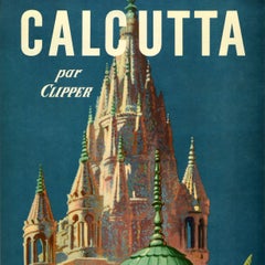 Original Vintage Asia Air Travel Poster Calcutta Kolkata Clipper Pan Am India