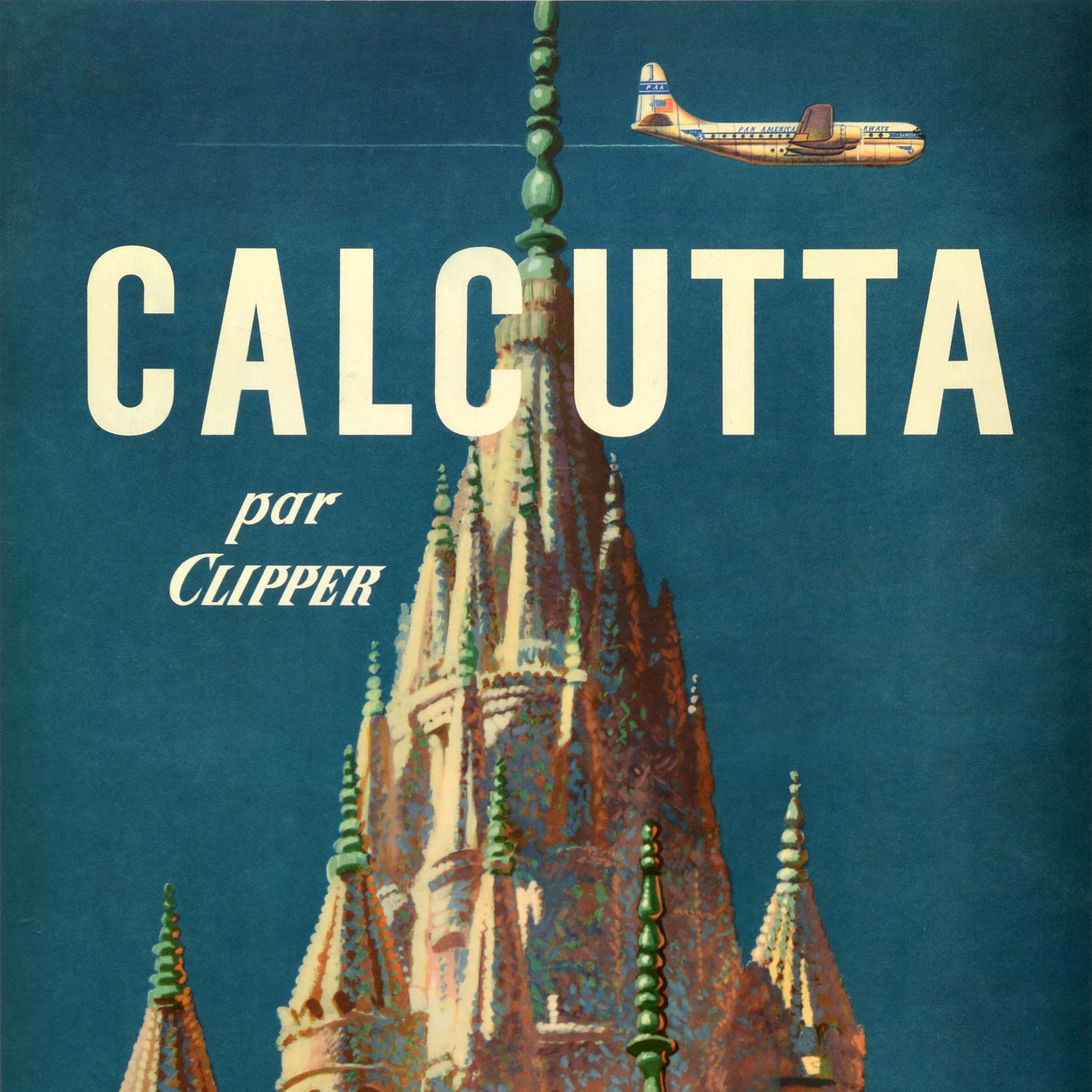 Americano Poster originale d'epoca per i viaggi aerei in Asia Calcutta Kolkata Clipper Pan Am India in vendita