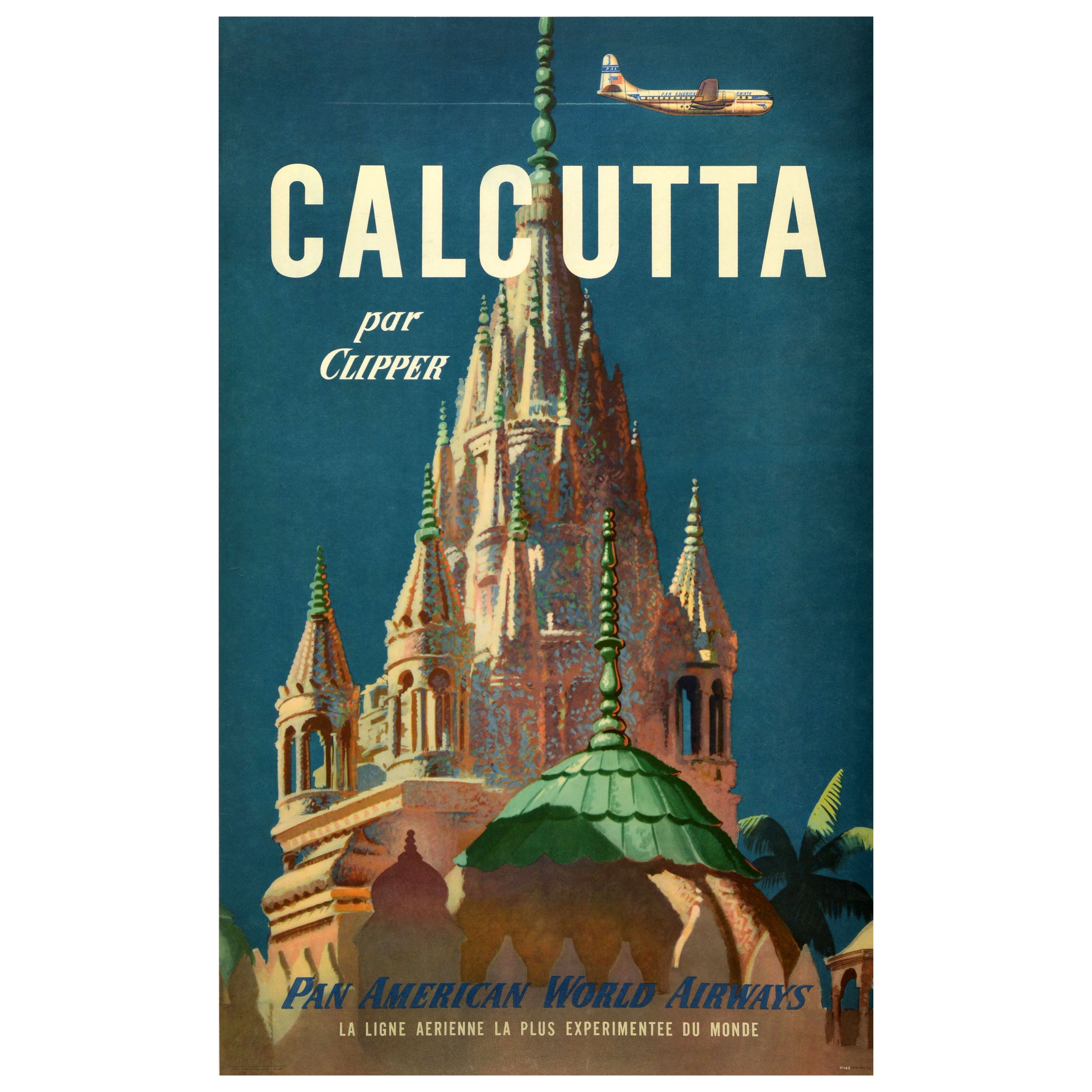 Poster originale d
epoca per i viaggi aerei in Asia Calcutta Kolkata Clipper Pan Am India in vendita