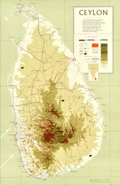 Original Vintage Asia Map Poster Ceylon Sri Lanka Tea Production Colombo Galle