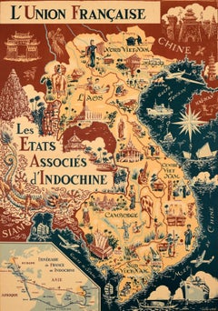 Original Vintage Asia Map Poster French Union Associated States Indochina Loge