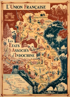 Original Vintage Asia Map Poster French Union Associated States Indochina Loge