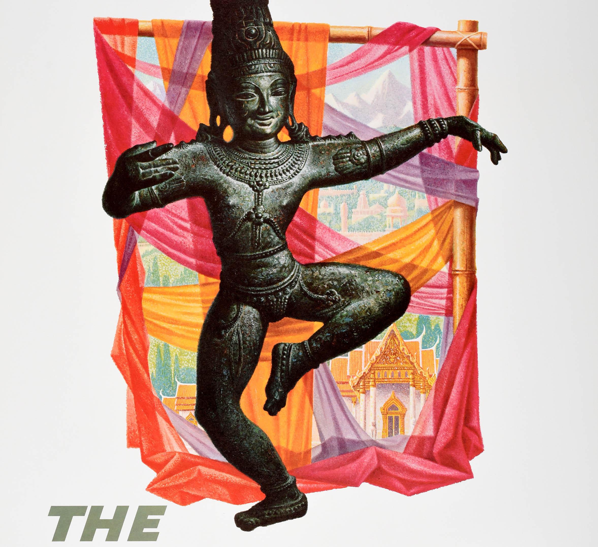 Original vintage travel advertising poster - Fly TWA The Orient - issued by Trans World Airlines featuring a colourful design by the notable American artist David Klein (1918-2005) depicting a buddha statue in front of a bamboo framed picture