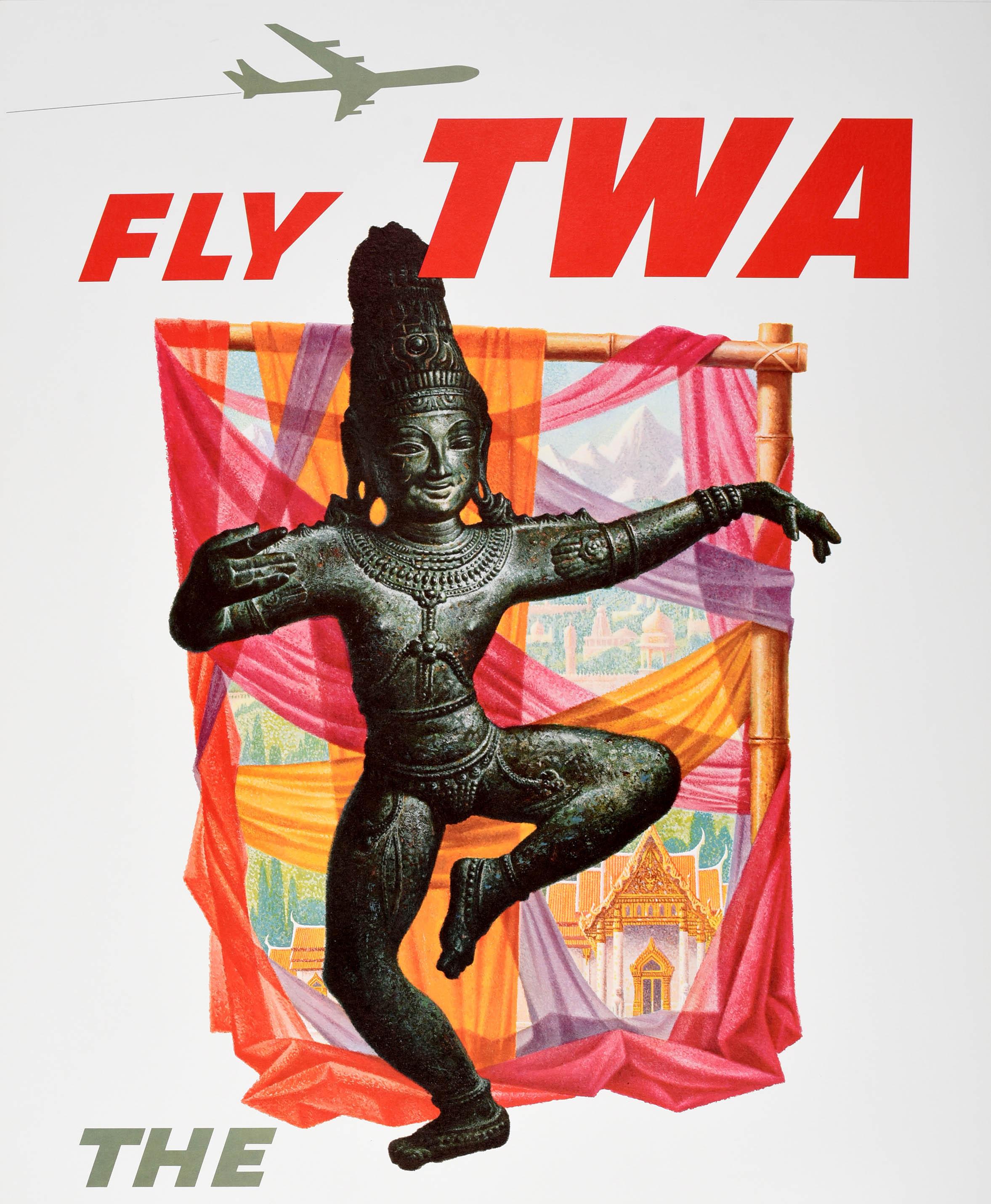 American Original Vintage Asia Travel Advertising Poster Fly TWA The Orient David Klein For Sale