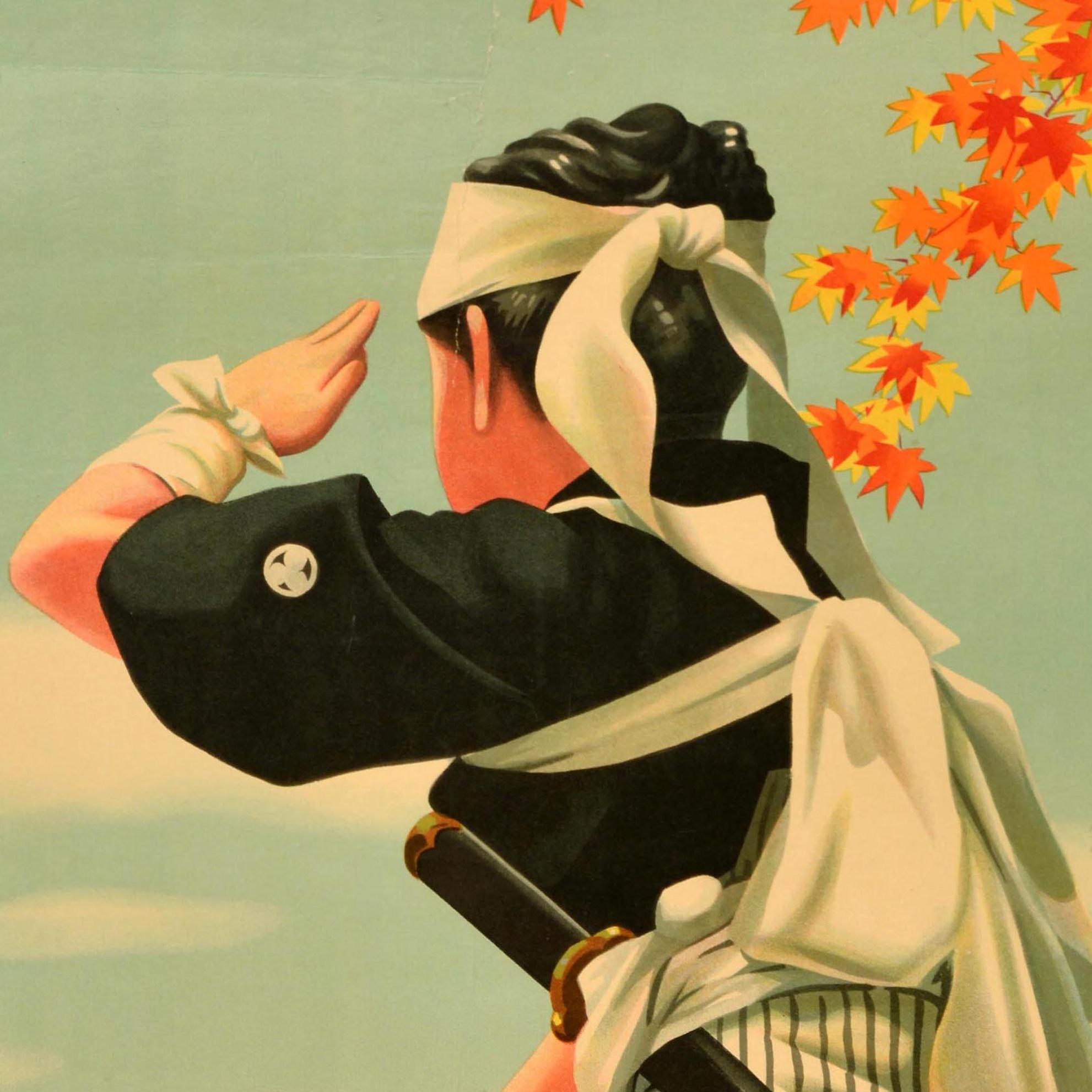 Metà XX secolo Poster di viaggio originale d'epoca per l'Asia Aizu Higashiyama Samurai Giappone Fukushima in vendita