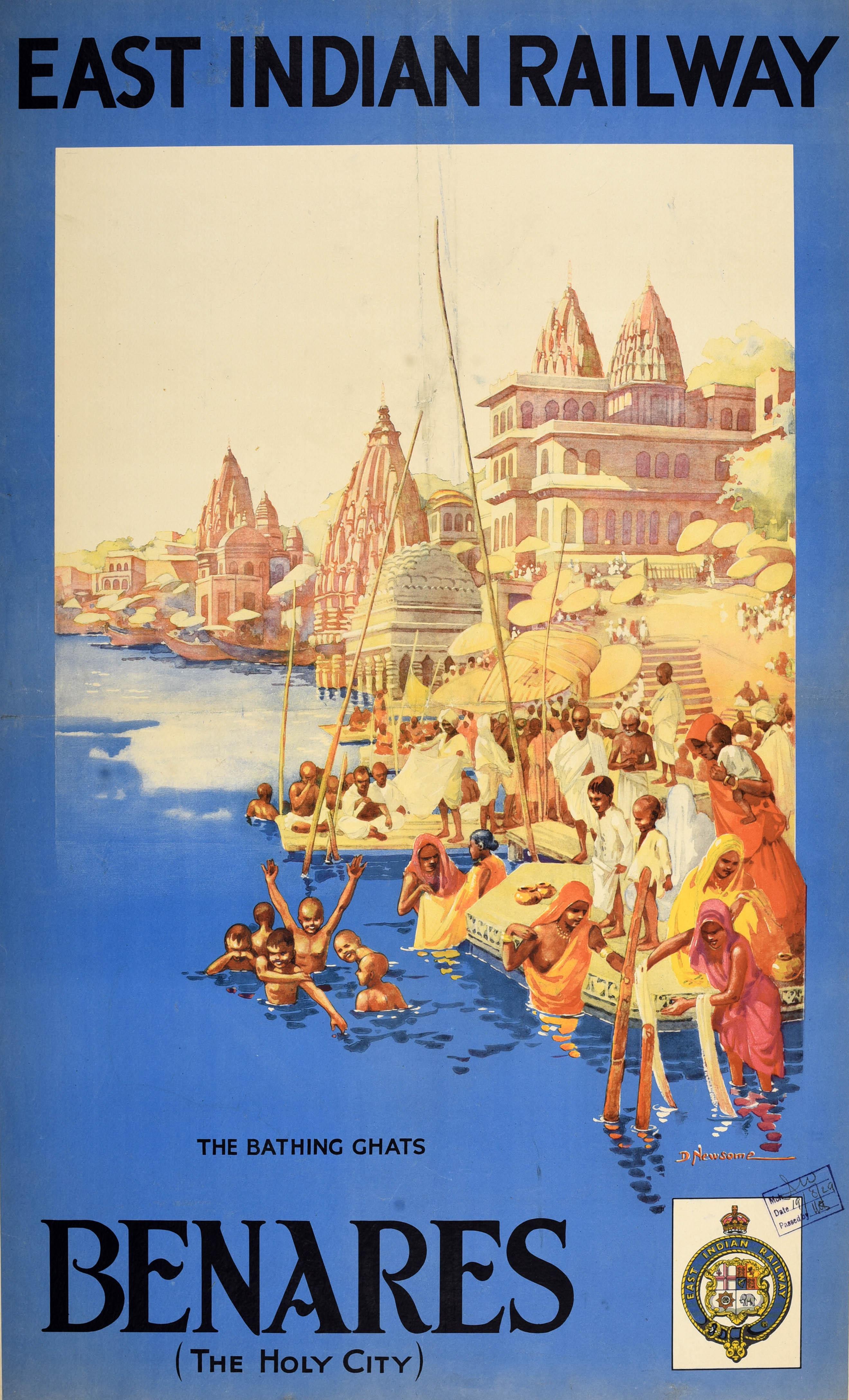 Original vintage Asia travel poster for Benares The Holy City issued by the East Indian Railway (1845-1952) featuring artwork titled The Bathing Ghats by the British artist Dorothy Newsome (1900-1980) showing people, some families and children