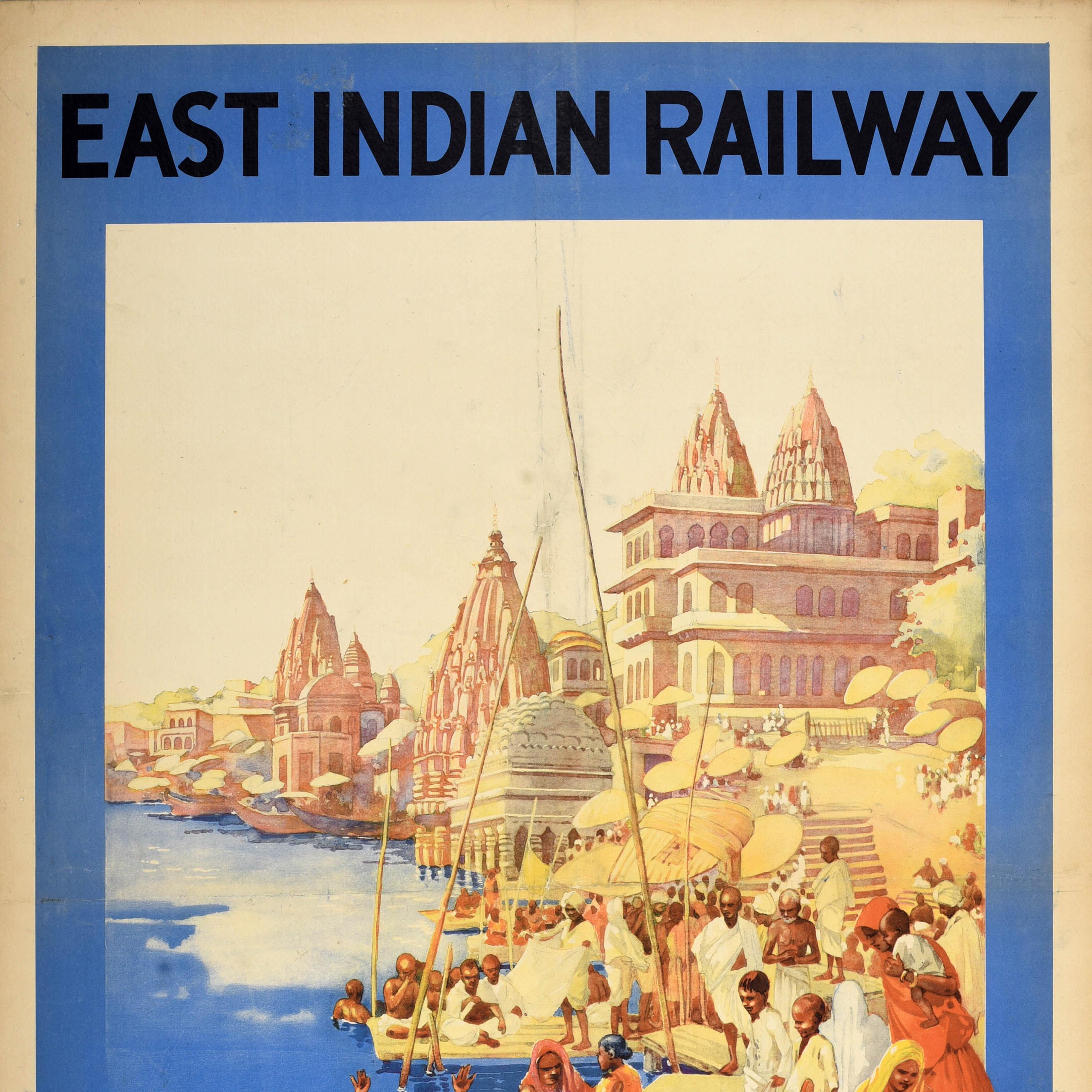 Original Vintage Asiatisches Reiseplakat Benares Heilige Stadt Ostindische Eisenbahn Indien im Zustand „Gut“ im Angebot in London, GB