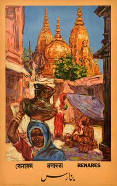 Original Vintage Asia Travel Poster Benares Varanasi India Ganges Carl Shreve