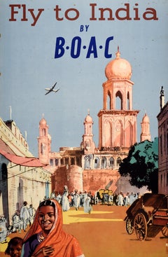 Original Vintage Asia Travel Poster BOAC Airline Fly To India Temple Airways