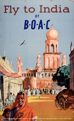 Original Vintage Asia Travel Poster BOAC Airline Fly To India Temple Airways