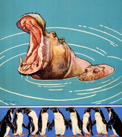 Original Vintage Asia Travel Poster Calcutta Zoo Hippo East Indian Railway Nixon