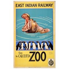 Original Vintage Asia Travel Poster Calcutta Zoo Hippo East Indian Railway Nixon