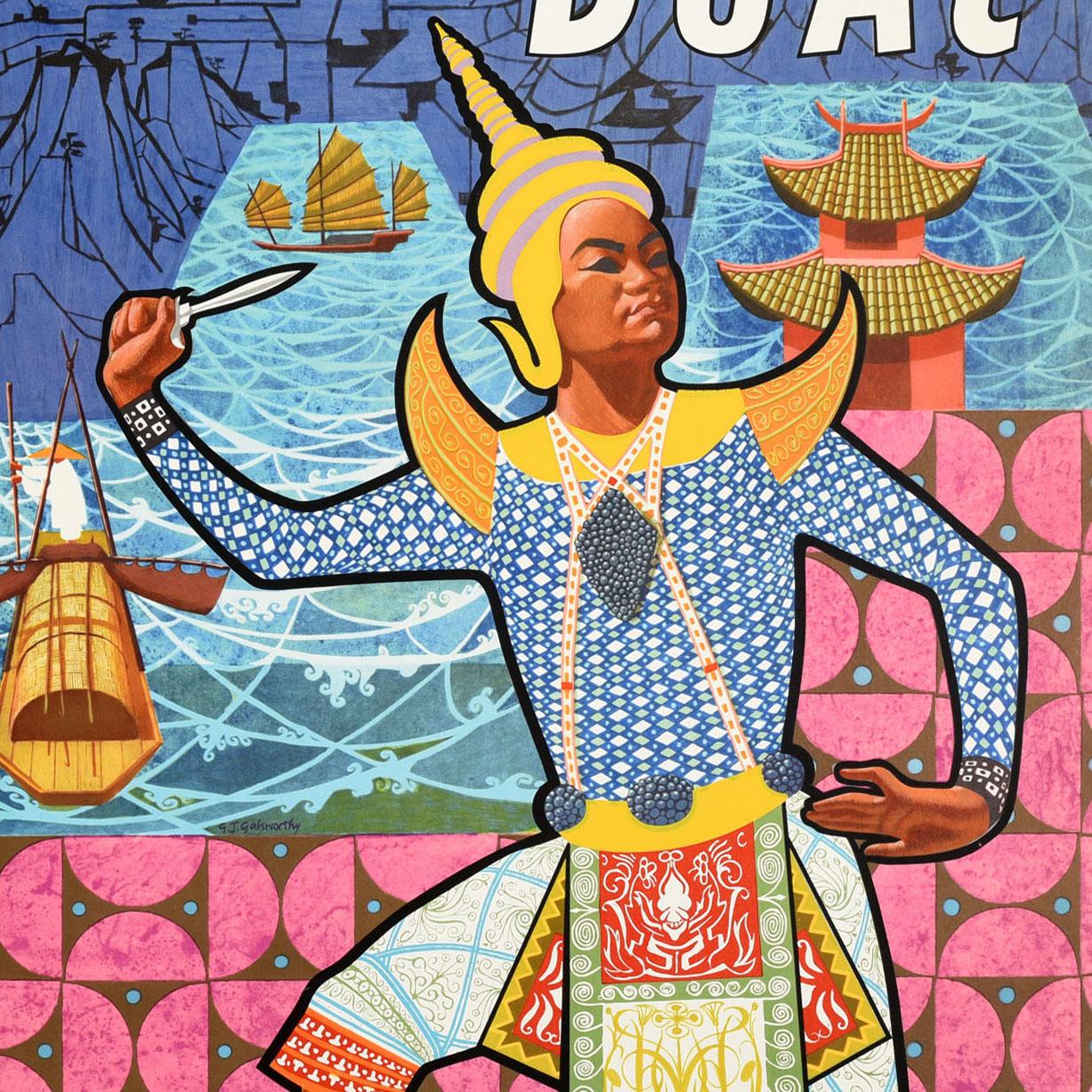 Original vintage travel poster advertising the Far East Fly there by BOAC British Overseas Airways Corporation featuring a colourful image of a traditional Thai dancer with mountains, a pagoda and wooden boats and a junk boat in full sail on the sea