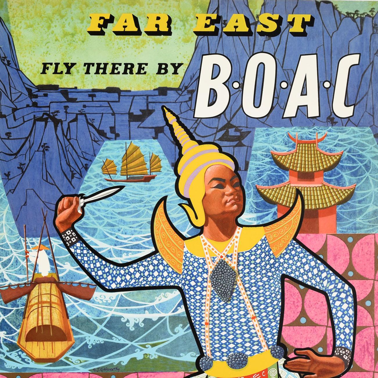 British Original Vintage Asia Travel Poster Far East Fly There by BOAC Dancer Thailand For Sale