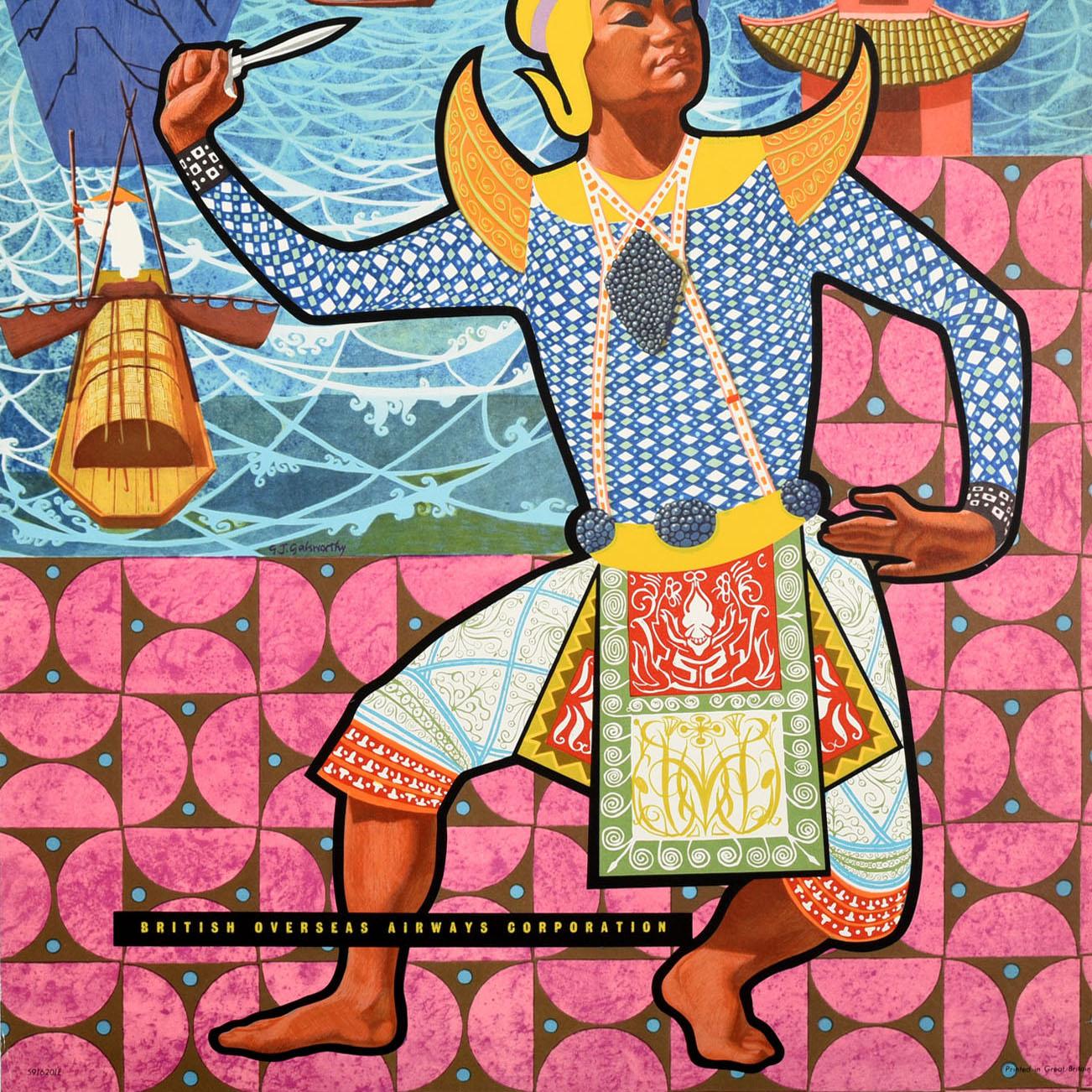 Original Vintage Asia Travel Poster Far East Fly There by BOAC Dancer Thailand In Good Condition For Sale In London, GB