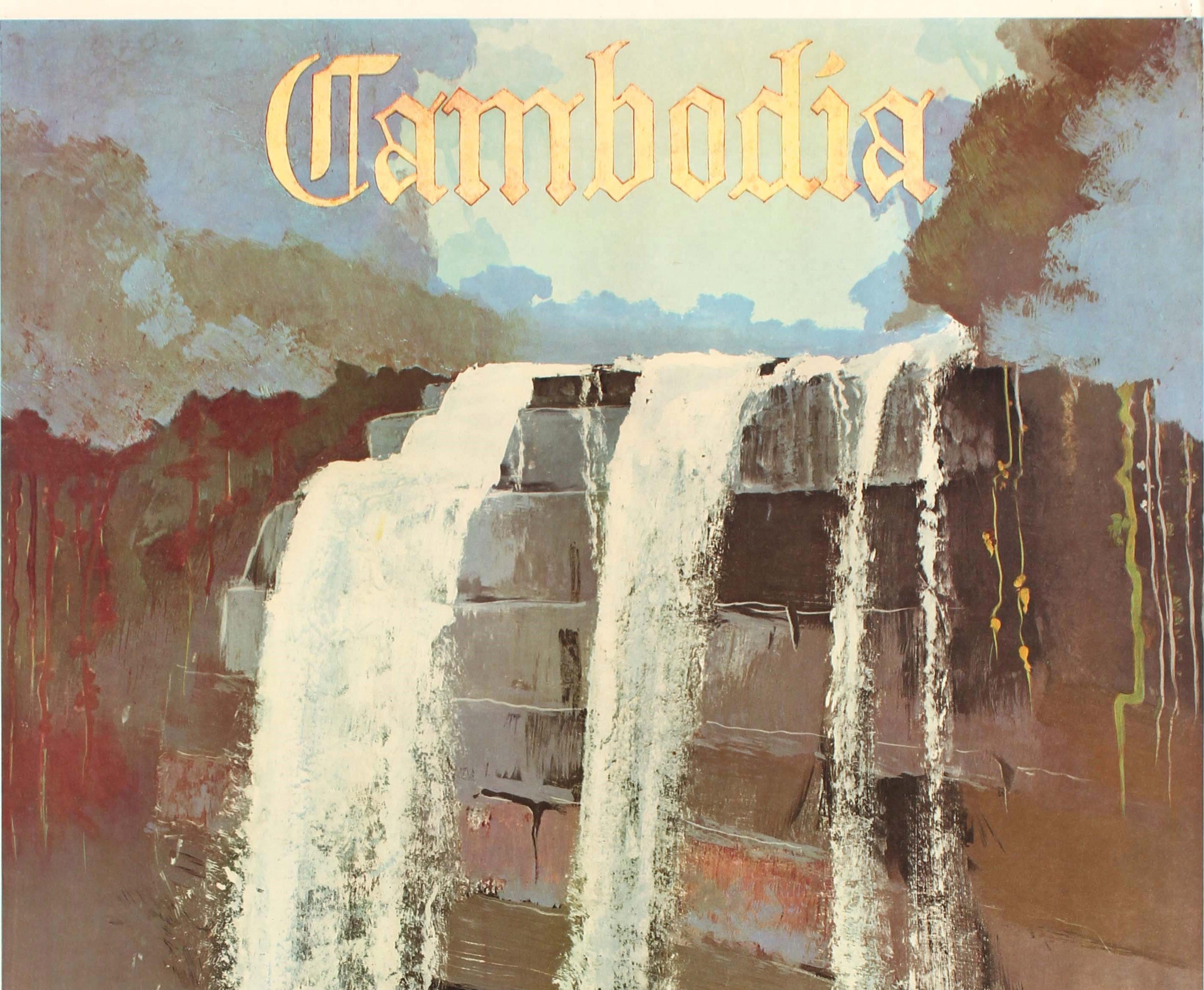 Original-Reisewerbeplakat, herausgegeben vom Nationalen Büro für Tourismus, Kambodscha Phnom Kulen - mit einem fantastischen Kunstwerk, das Kambodscha in Südostasien bei Touristen bewirbt. Es zeigt Fotografen auf Felsen im Vordergrund, die die