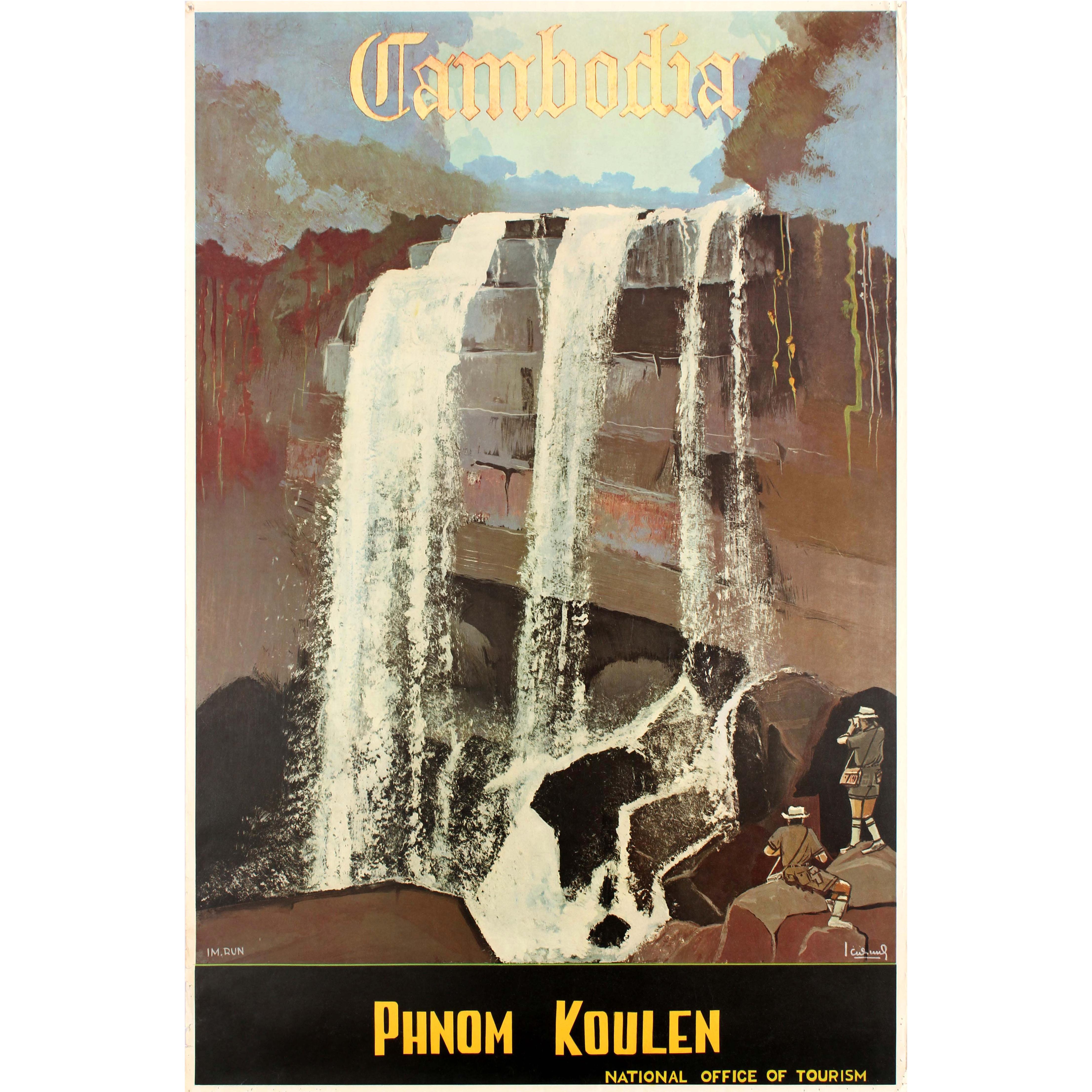 Affiche rétro originale de voyage en Asie pour le Cambodge, Phnom Koulen et Kulen, cascade