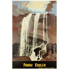 Original Retro Asia Travel Poster for Cambodia Phnom Koulen Ft Kulen Waterfall