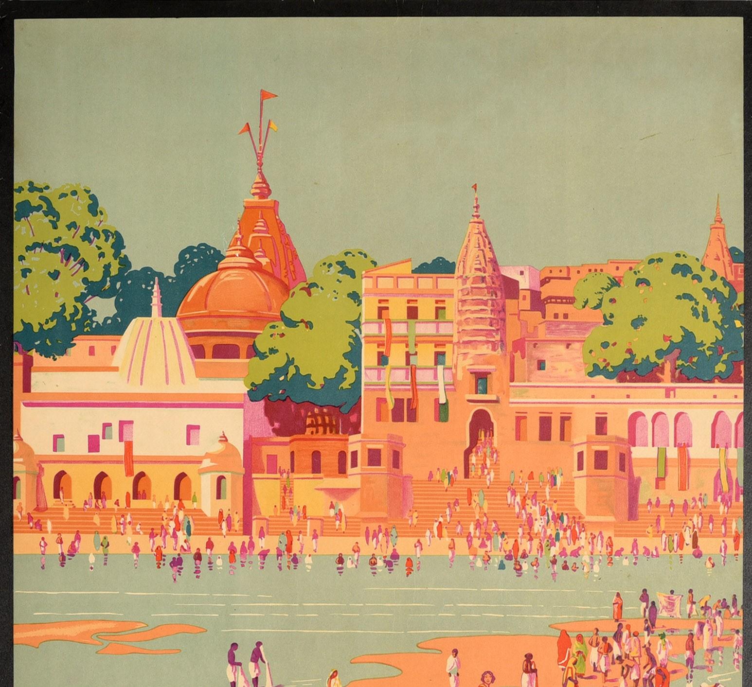 Original vintage travel poster for Gaya / ??? in India featuring stunning and colourful artwork by Gobinda Mandal depicting a view towards a temple nestled between trees with people walking down the steps and washing in the river on both sides, a