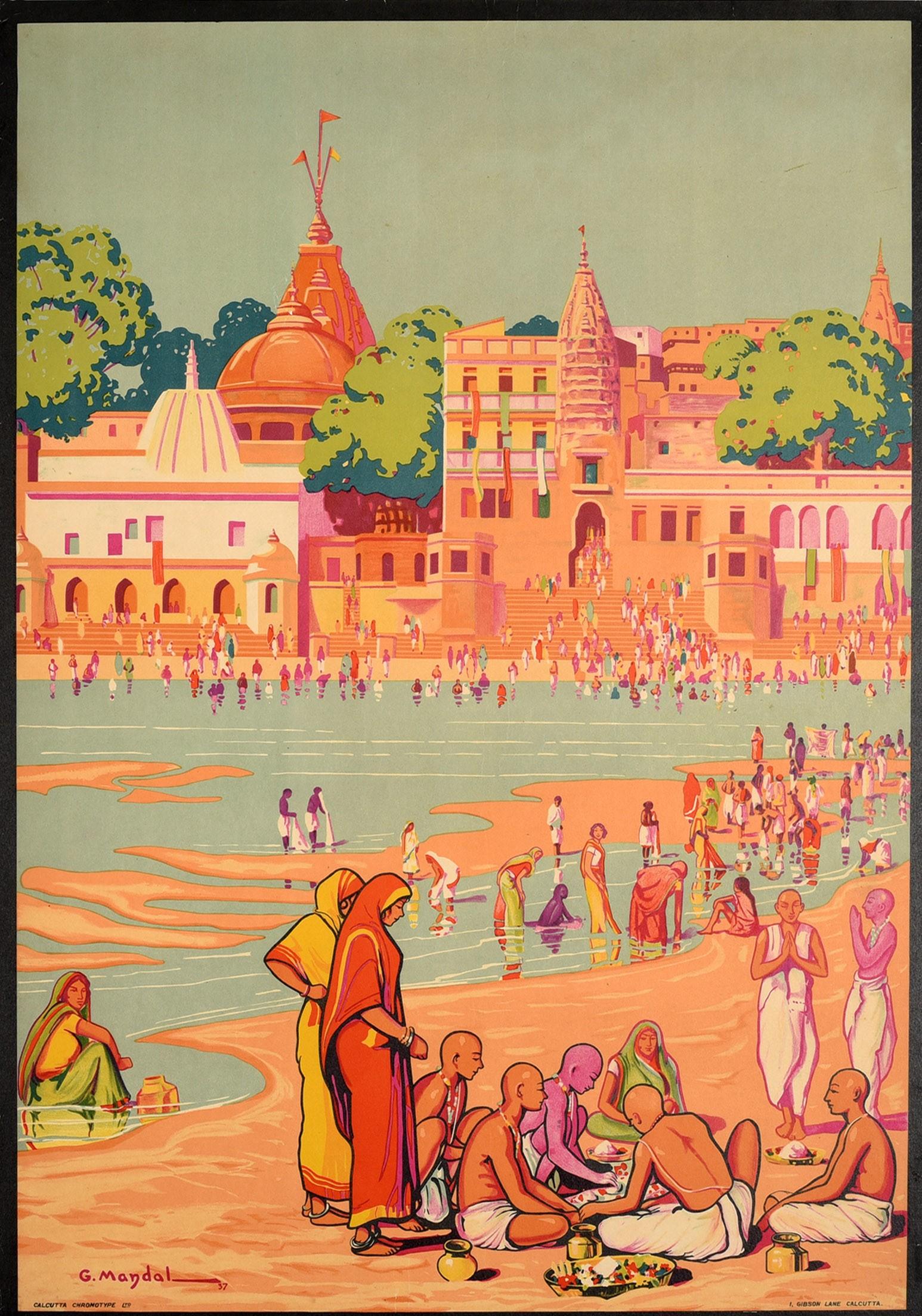 Indian Original Vintage Asia Travel Poster For Gaya India Ft. Scenic Temple River View For Sale