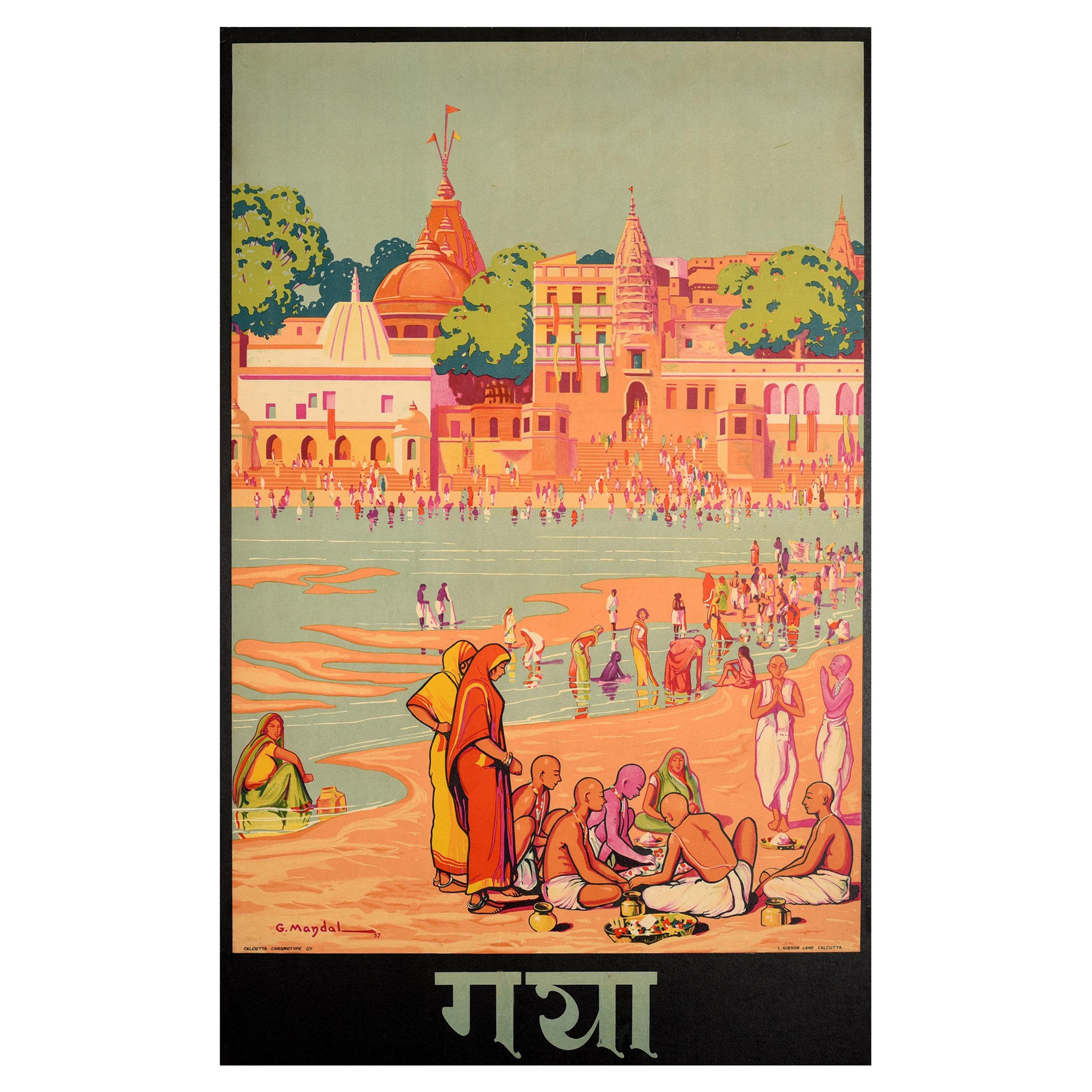 Affiche de voyage vintage originale d'Asie pour Gaya, Inde Vue scénique de la rivière Temple