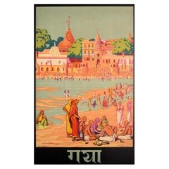 Original Vintage-Reiseplakat Asien für Gaya Indien, Ft. Landschaftslandschaft mit Tempel-Fluss- Ansicht
