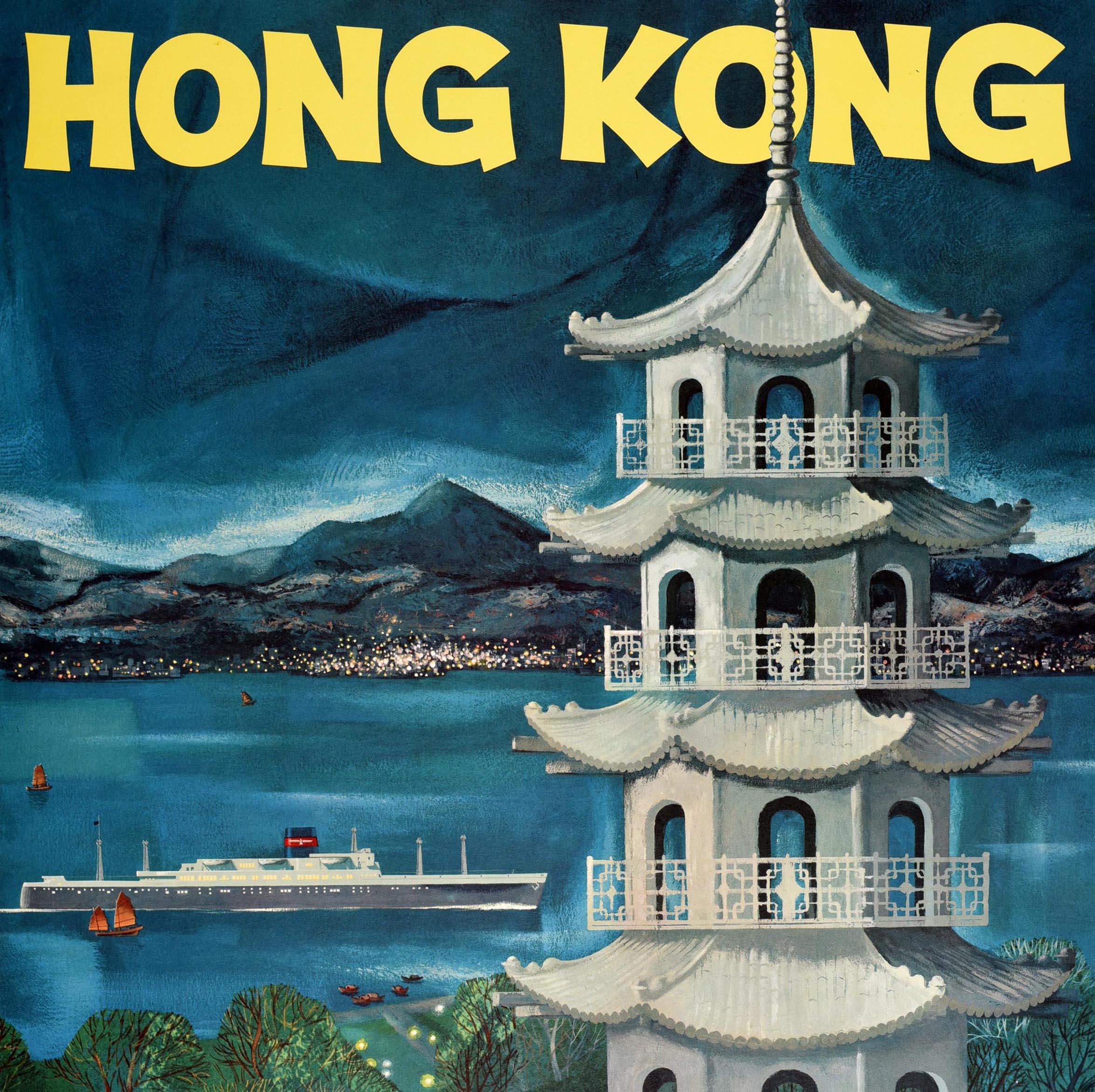 Affiche vintage originale de voyage en Asie, Hong Kong American President Lines, Pagoda Bon état - En vente à London, GB