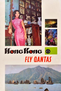 Original Vintage Asia Travel Poster Hong Kong Fly Qantas Australia Airline