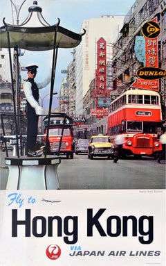 Original Vintage Asia Travel Poster Hong Kong Kowloon Japan Air Lines Street