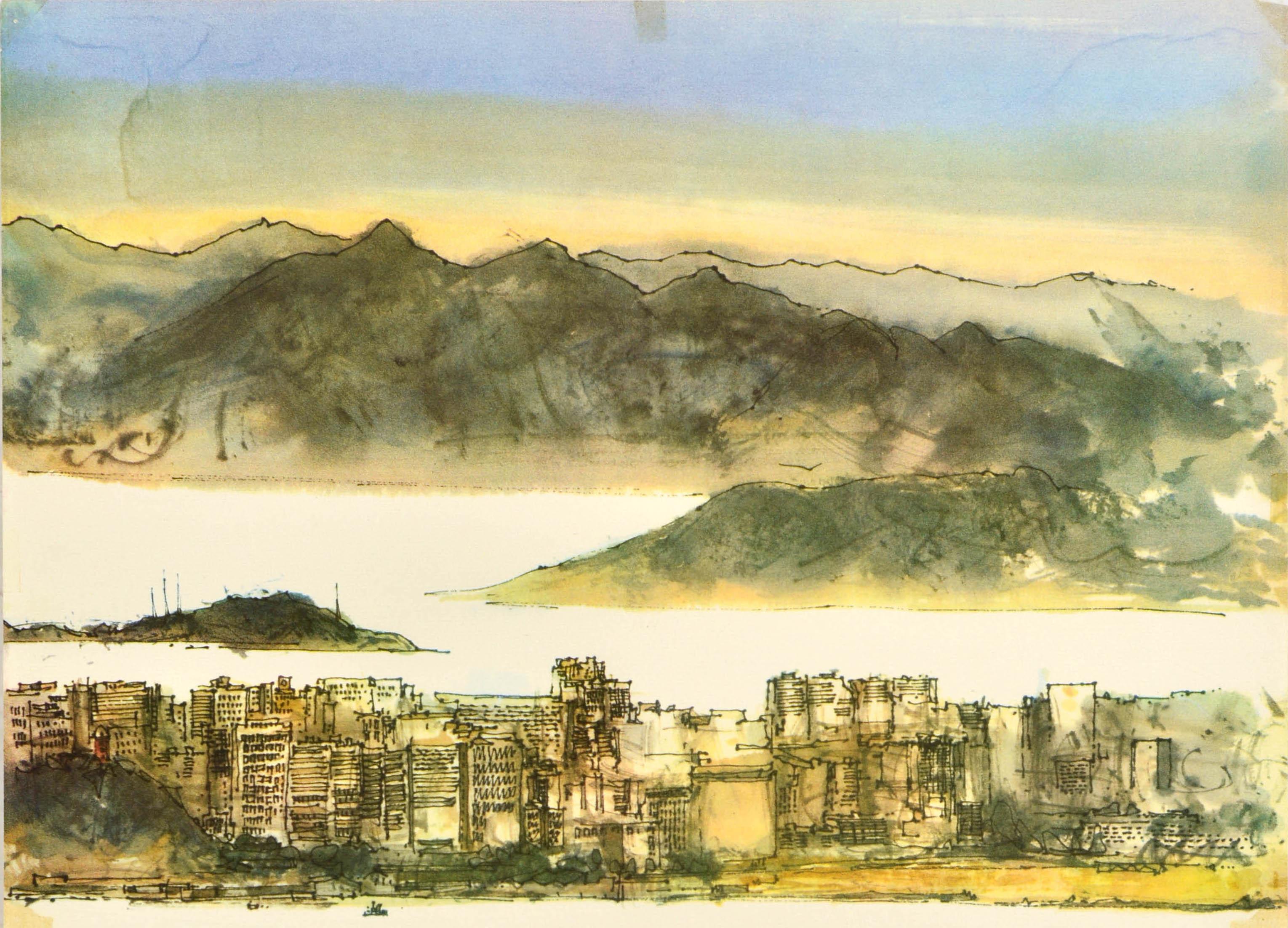 Original vintage Asia travel poster printed for the Hong Kong Tourist Association featuring a great watercolour design by the award winning pioneering artist and arts administrator, and founding member of the Circle Art Group, David Lam Chun-fai