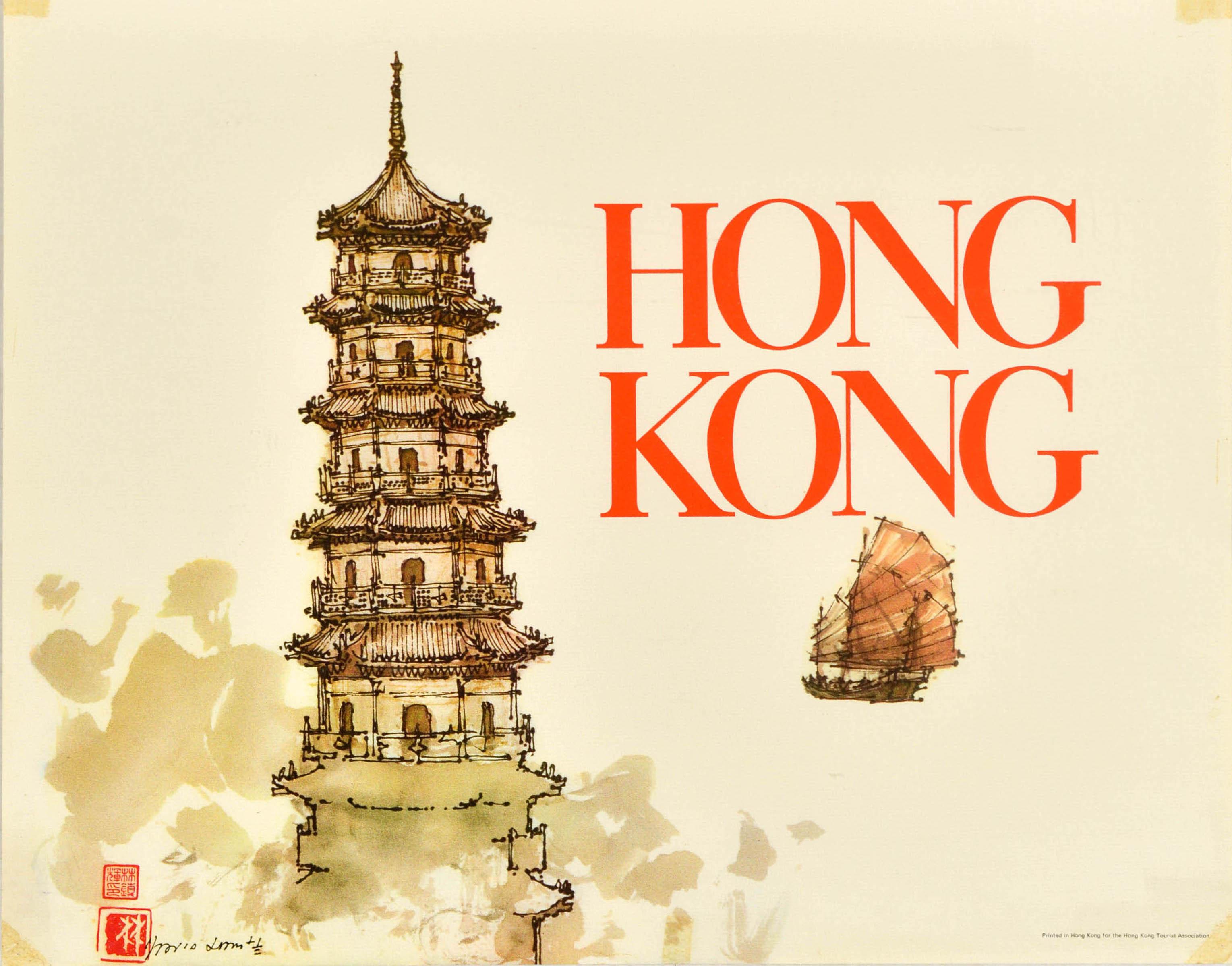Original Vintage Asia Travel Poster Hong Kong Pagoda Junk Boat David Lam Chunfai (Hongkong) im Angebot