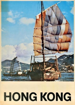 Original Vintage Asia Travel Poster Hong Kong Victoria Harbour Junk Boats