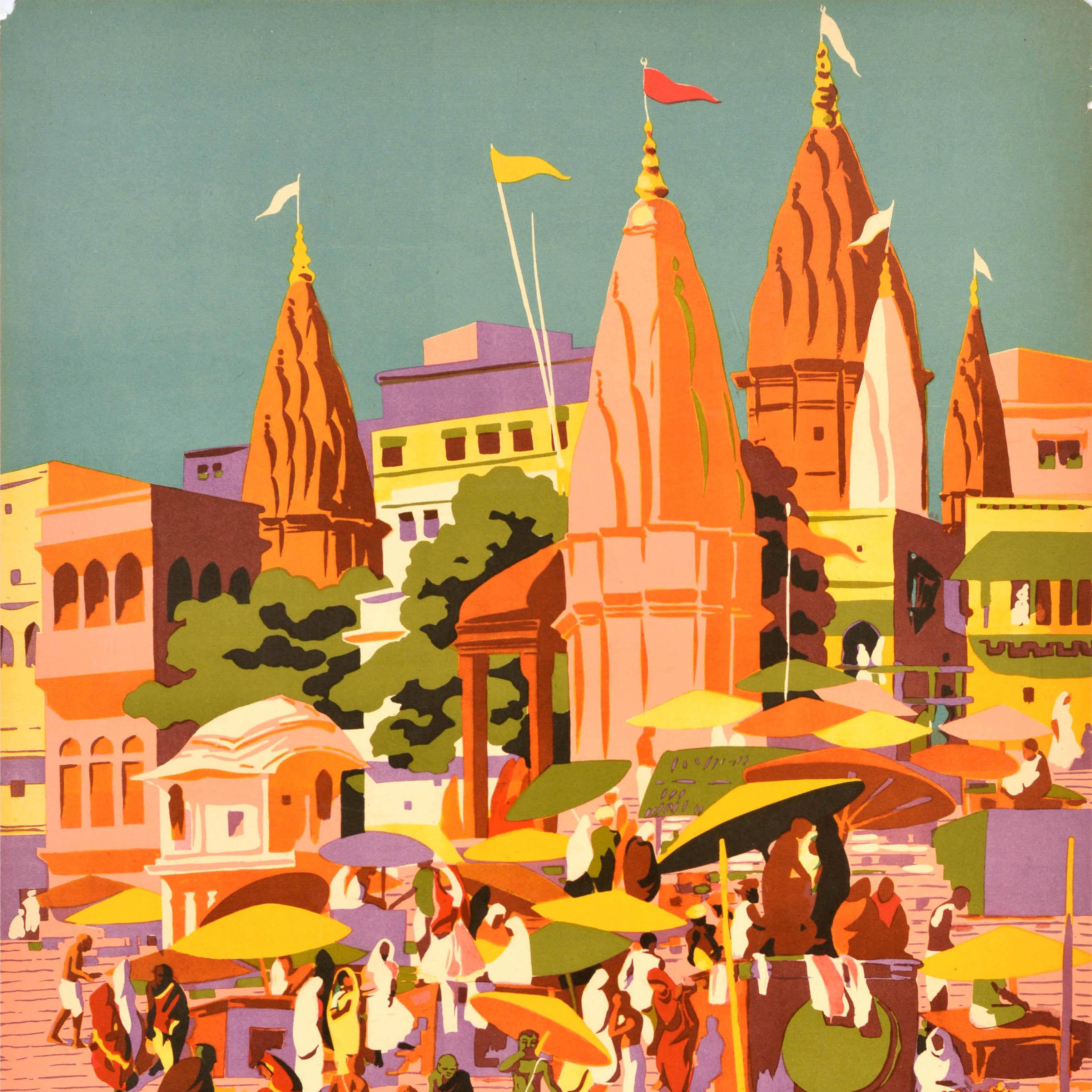 Indian Original Vintage Asia Travel Poster India Varanasi Ganges Banaras Uttar Pradesh For Sale